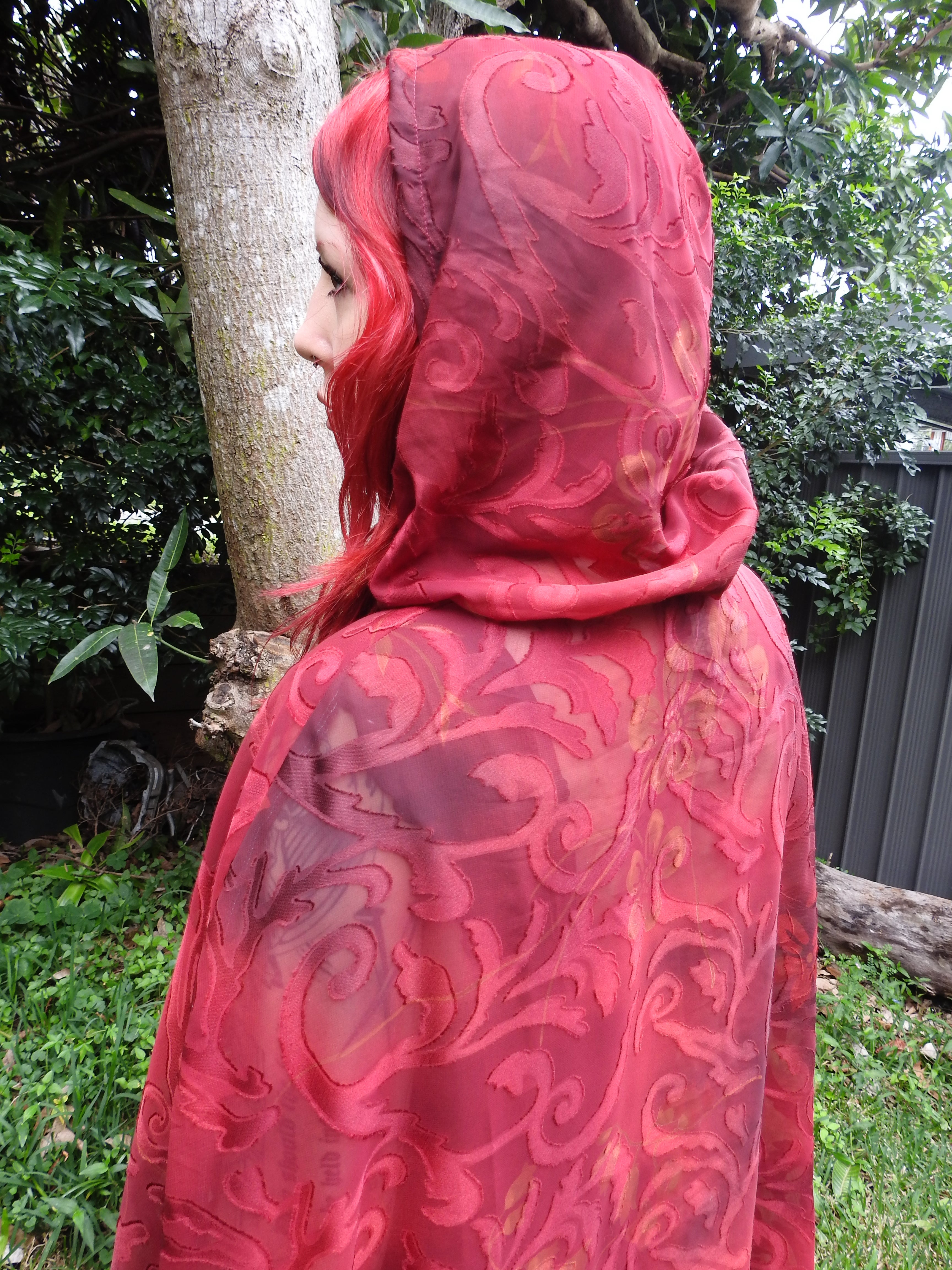 Burgundy Semi-Sheer Cape with Hood