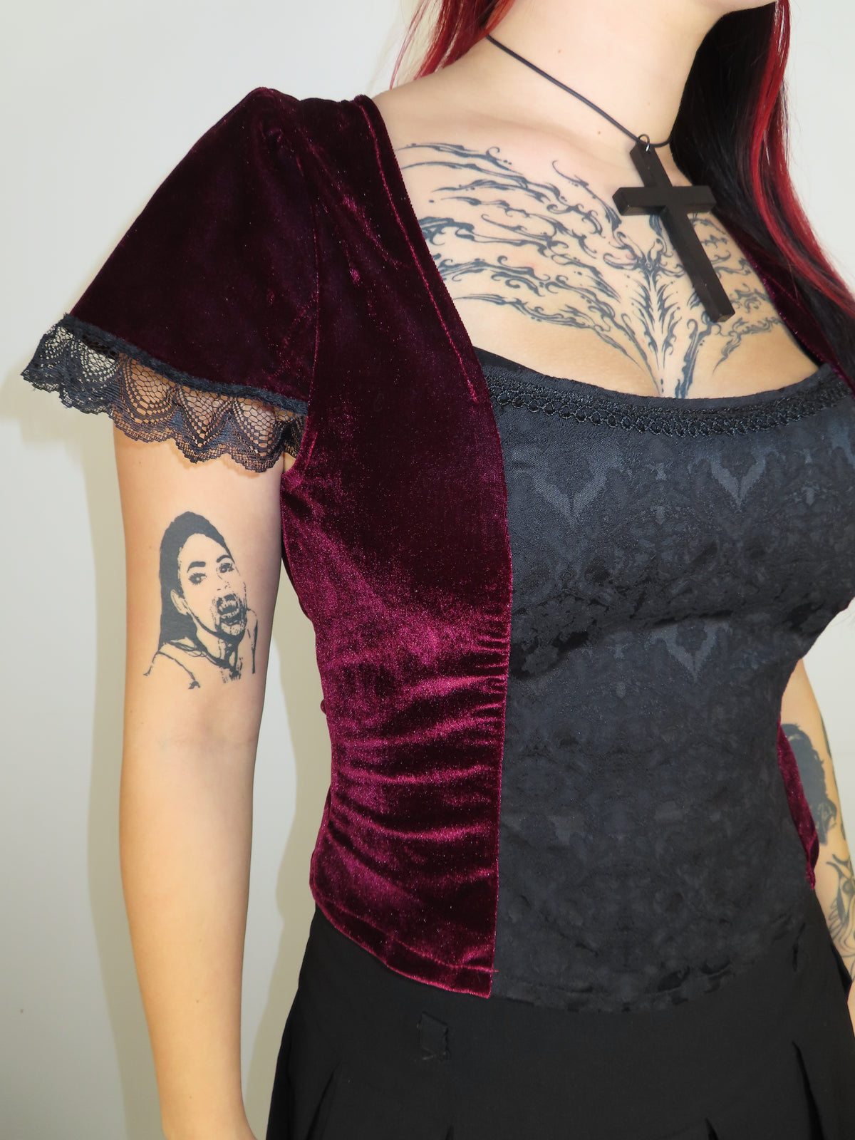 Lilith Top - Burgundy Velour with Black Brocade (size 14)