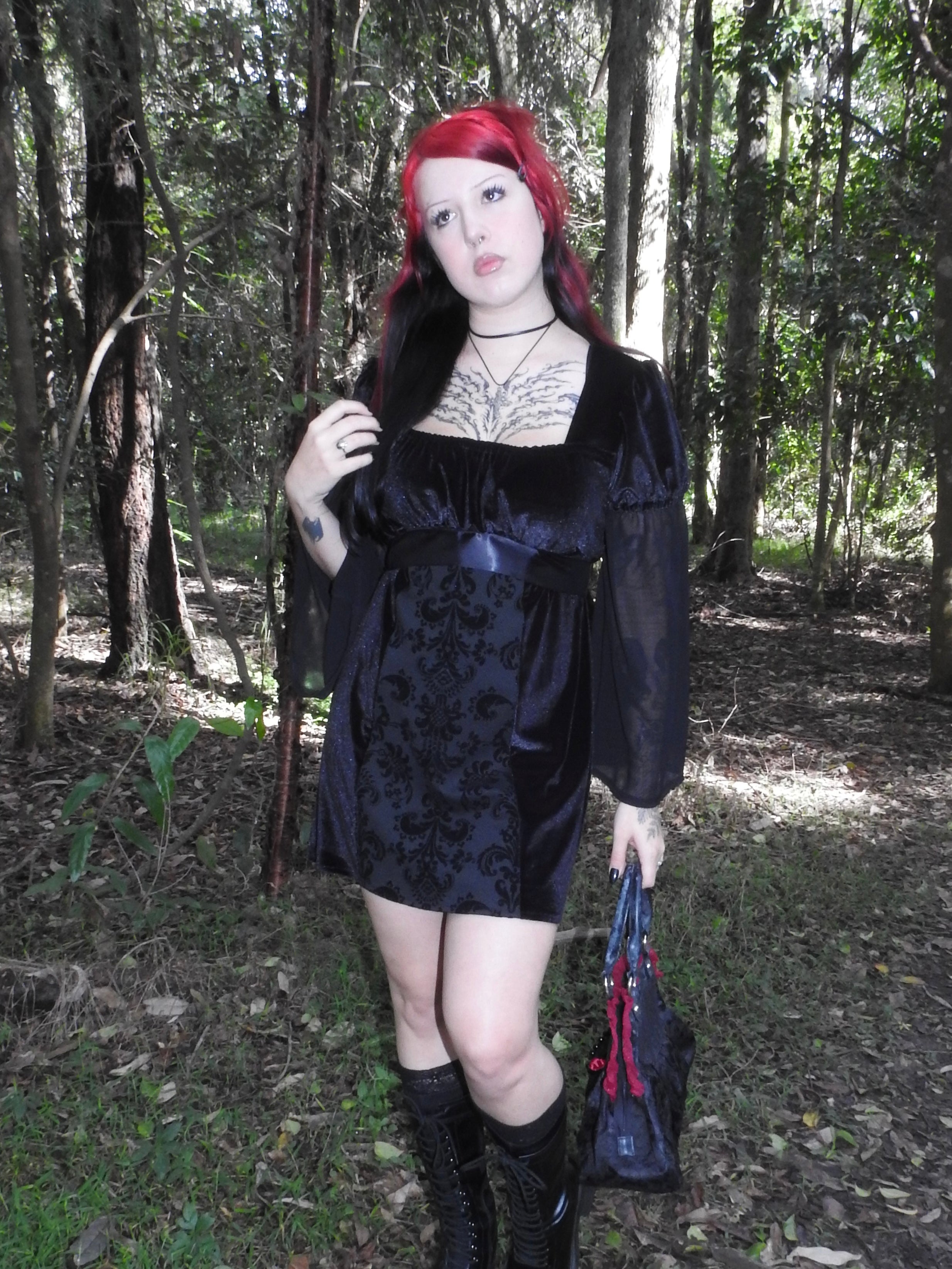 Adeline Dress - Black Velour with Baroque Print Panel (size 16)