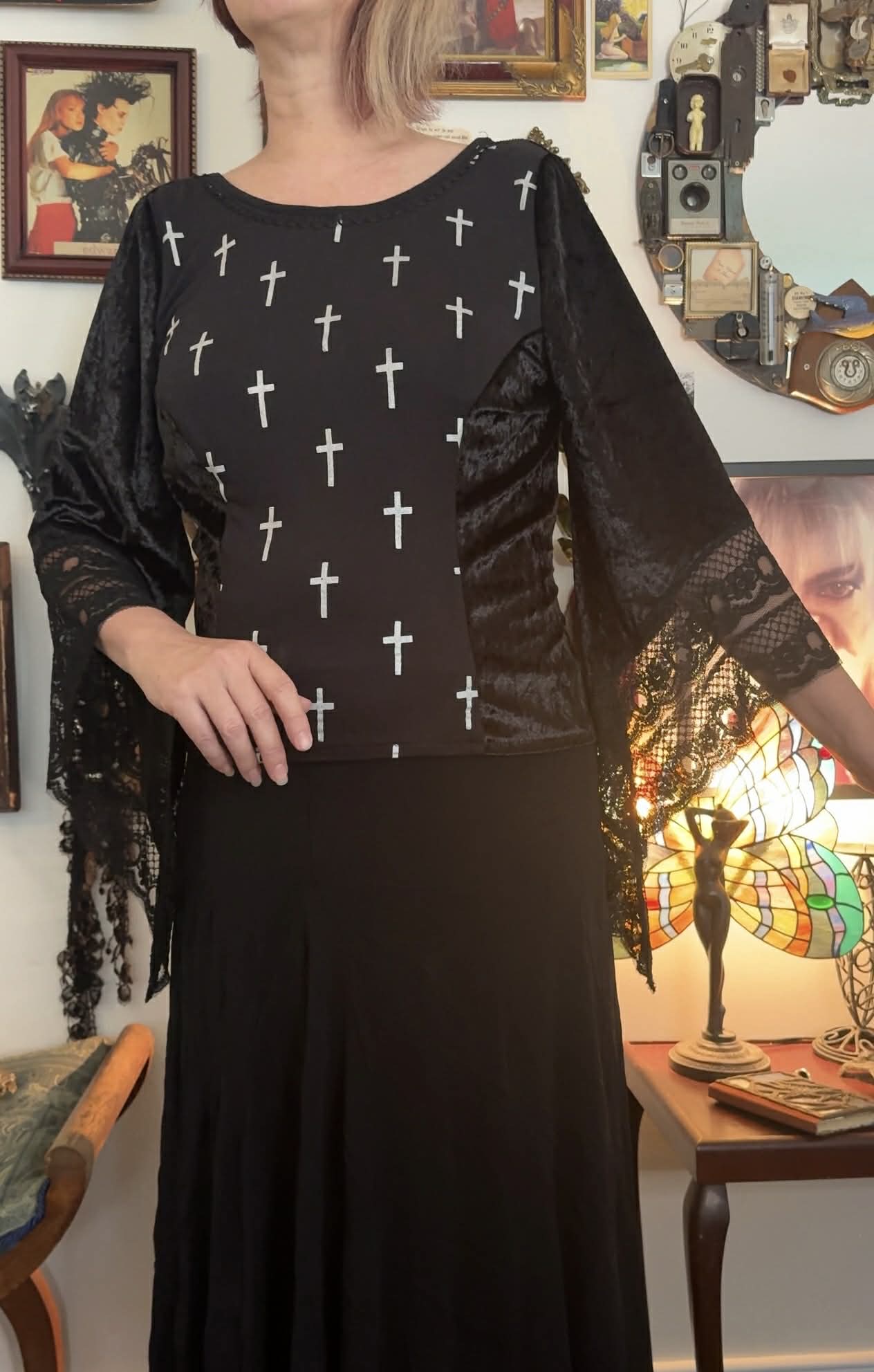 Morgan top - Black Velour with Cross Print (18)
