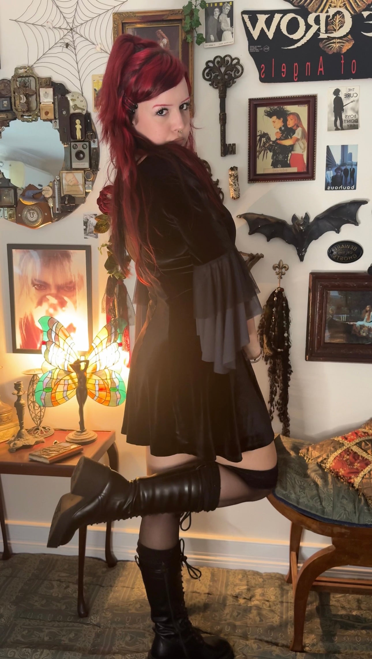 Cordelia Dress - Black Velour with Bats (Size 12-14)