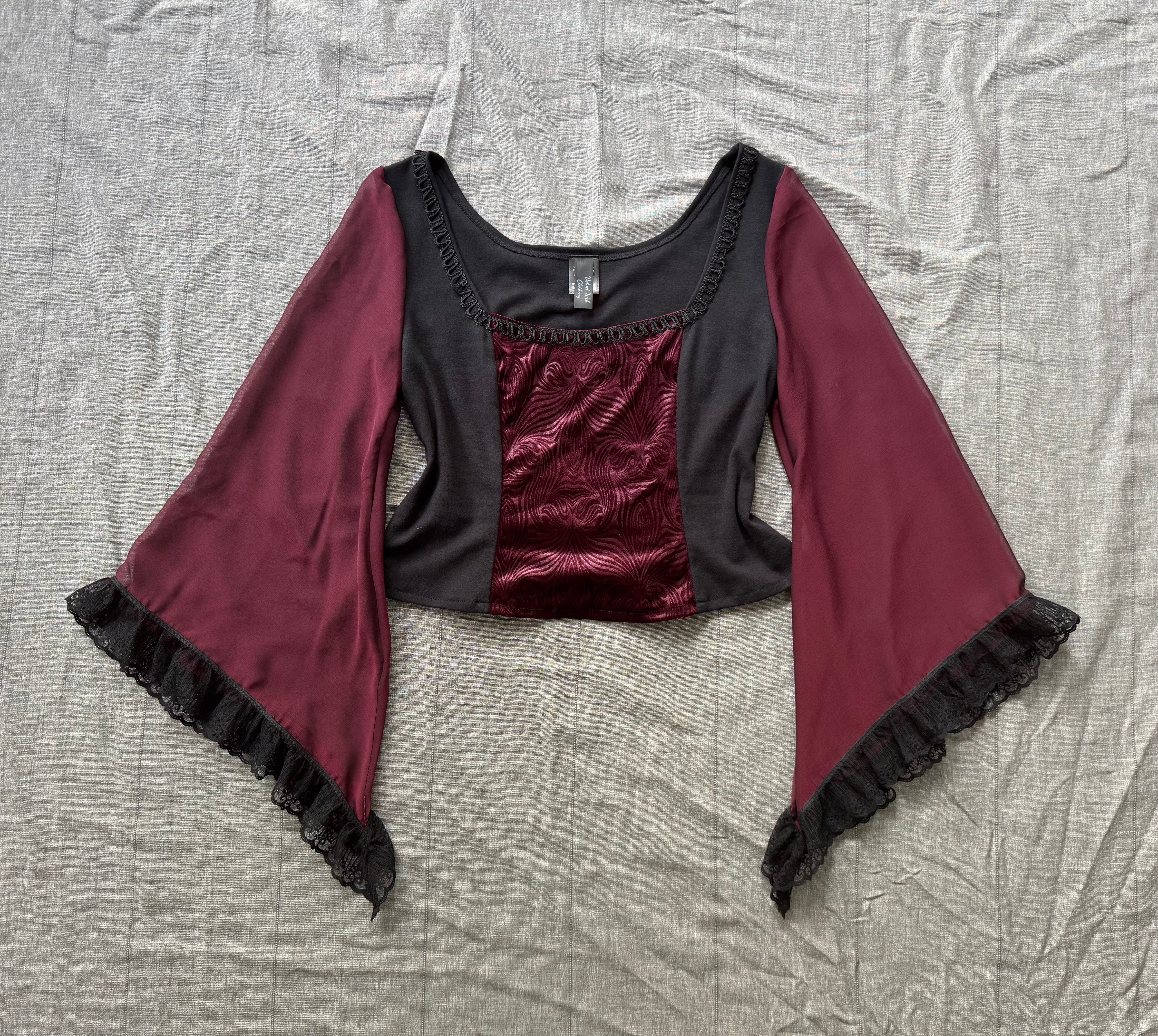 Lilith Top - Black with Burgundy Velour and Bell Sleeve (size 18-20)
