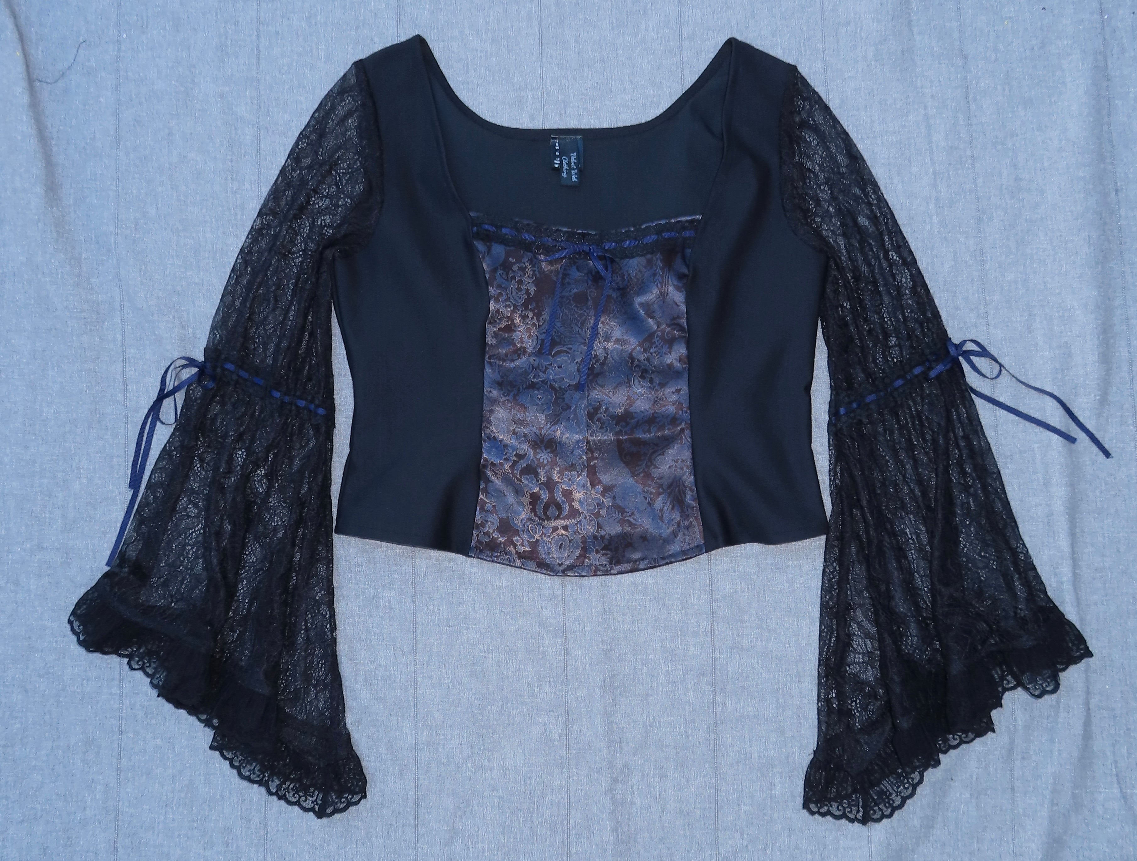 Lilith Top - Black with Baroque Print and Lace Sleeves (Size 14-16)