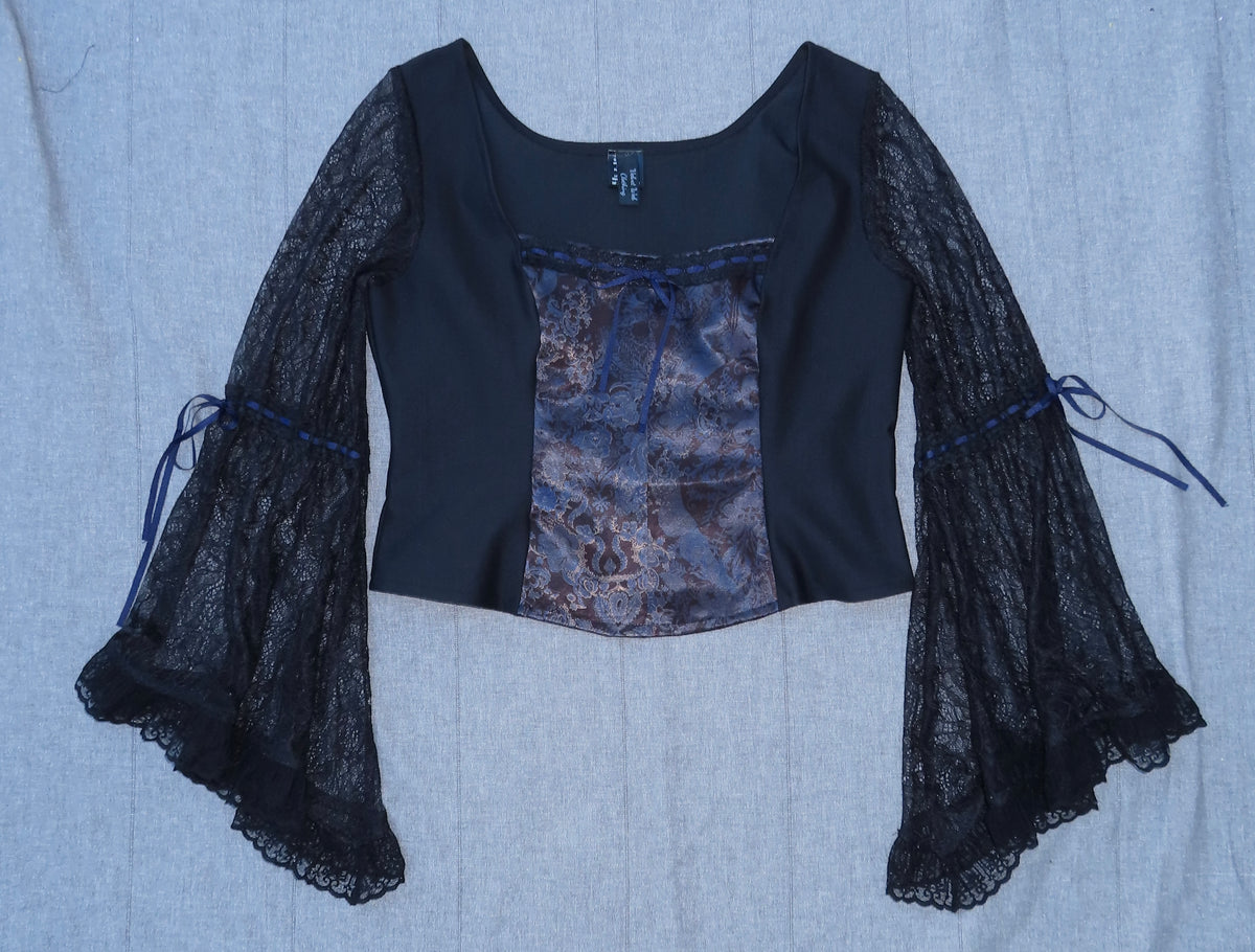 Lilith Top - Black with Baroque Print and Lace Sleeves (Size 14-16)