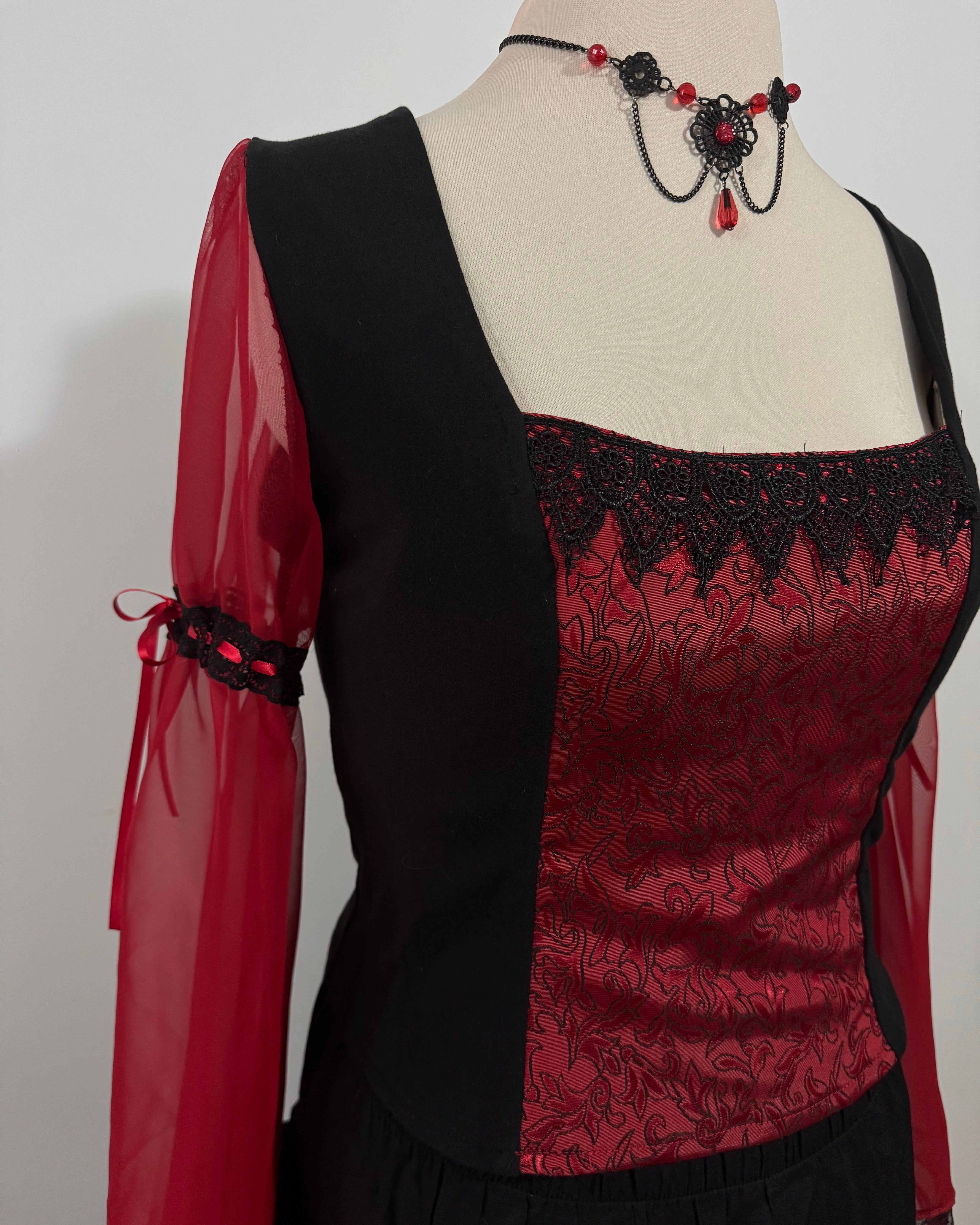 Lilith Top - Black with Red Brocade and Bell Sleeve (Size 16-18)