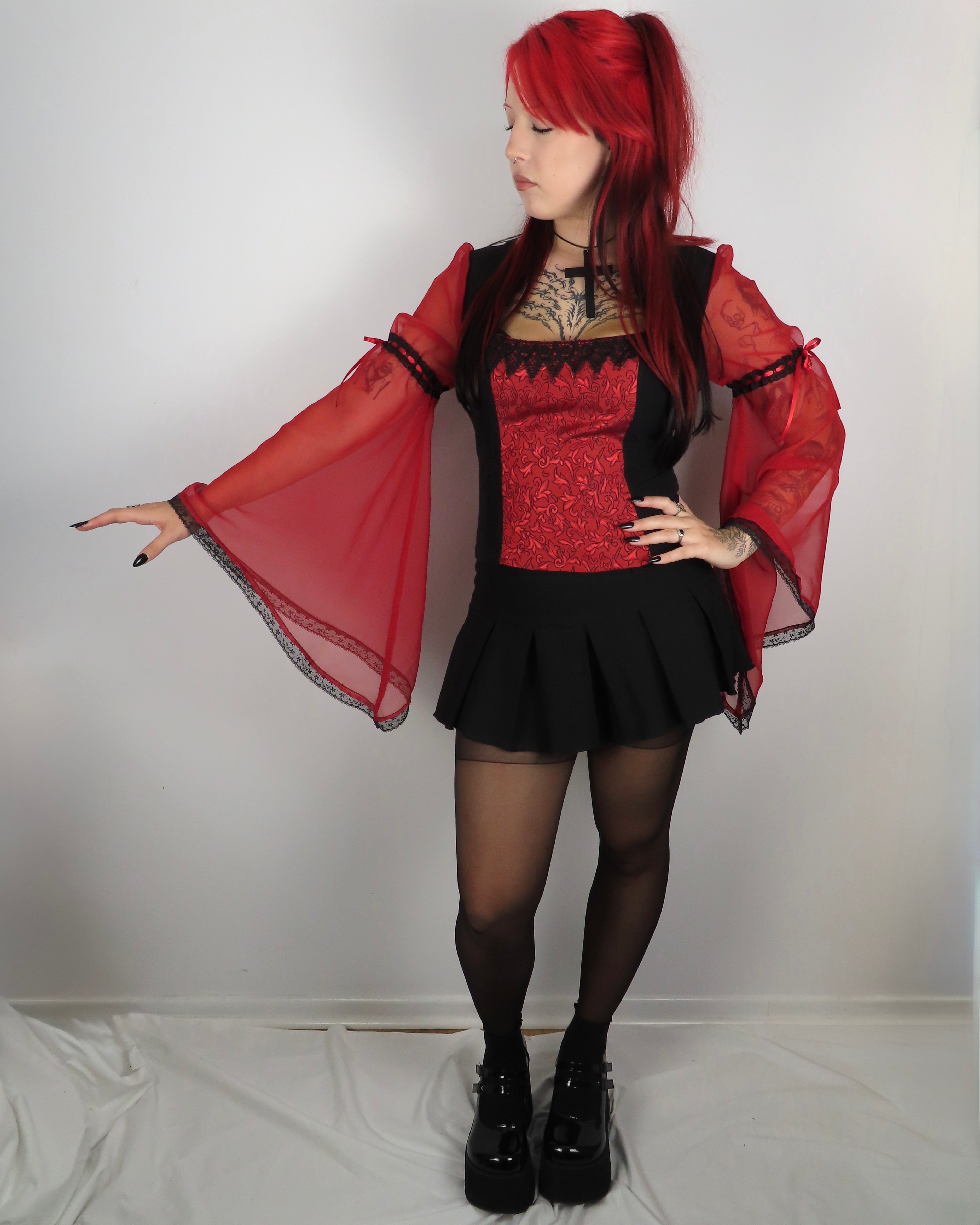 Lilith Top - Black with Red Brocade and Bell Sleeve (Size 16-18)