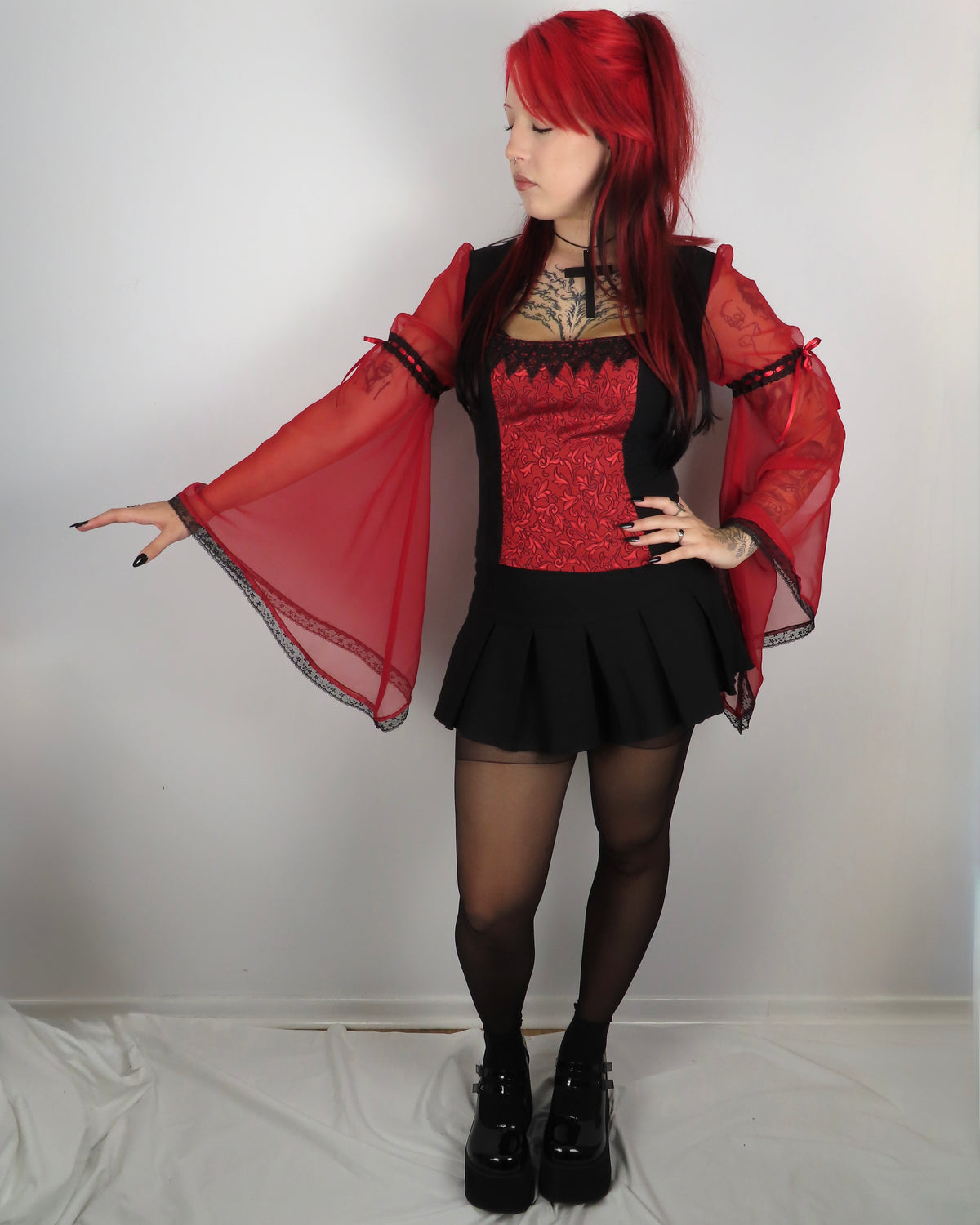 Lilith Top - Black with Red Brocade and Bell Sleeve (Size 16-18)