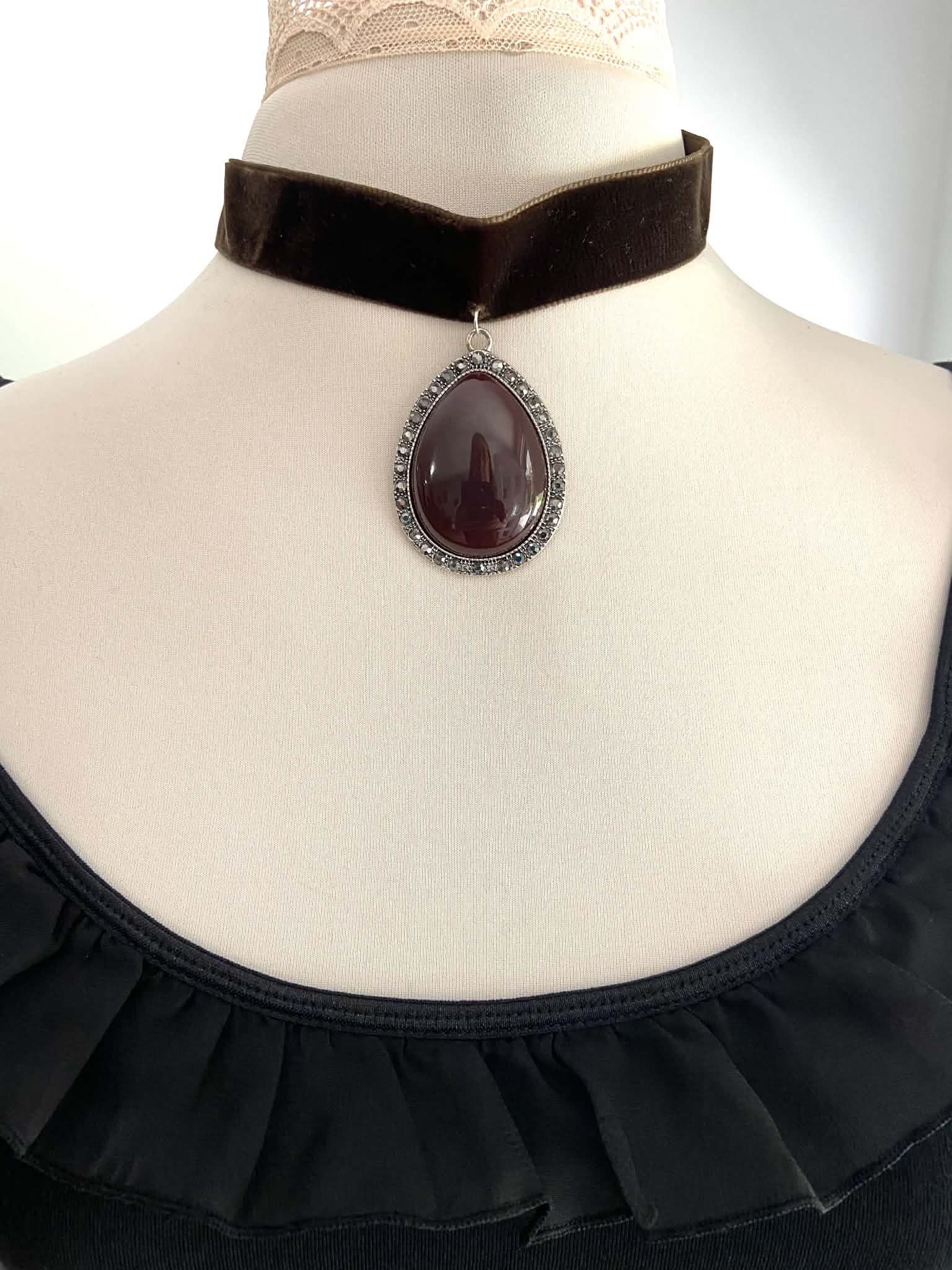 Dark Brown Velvet Choker with Teardrop Pendant