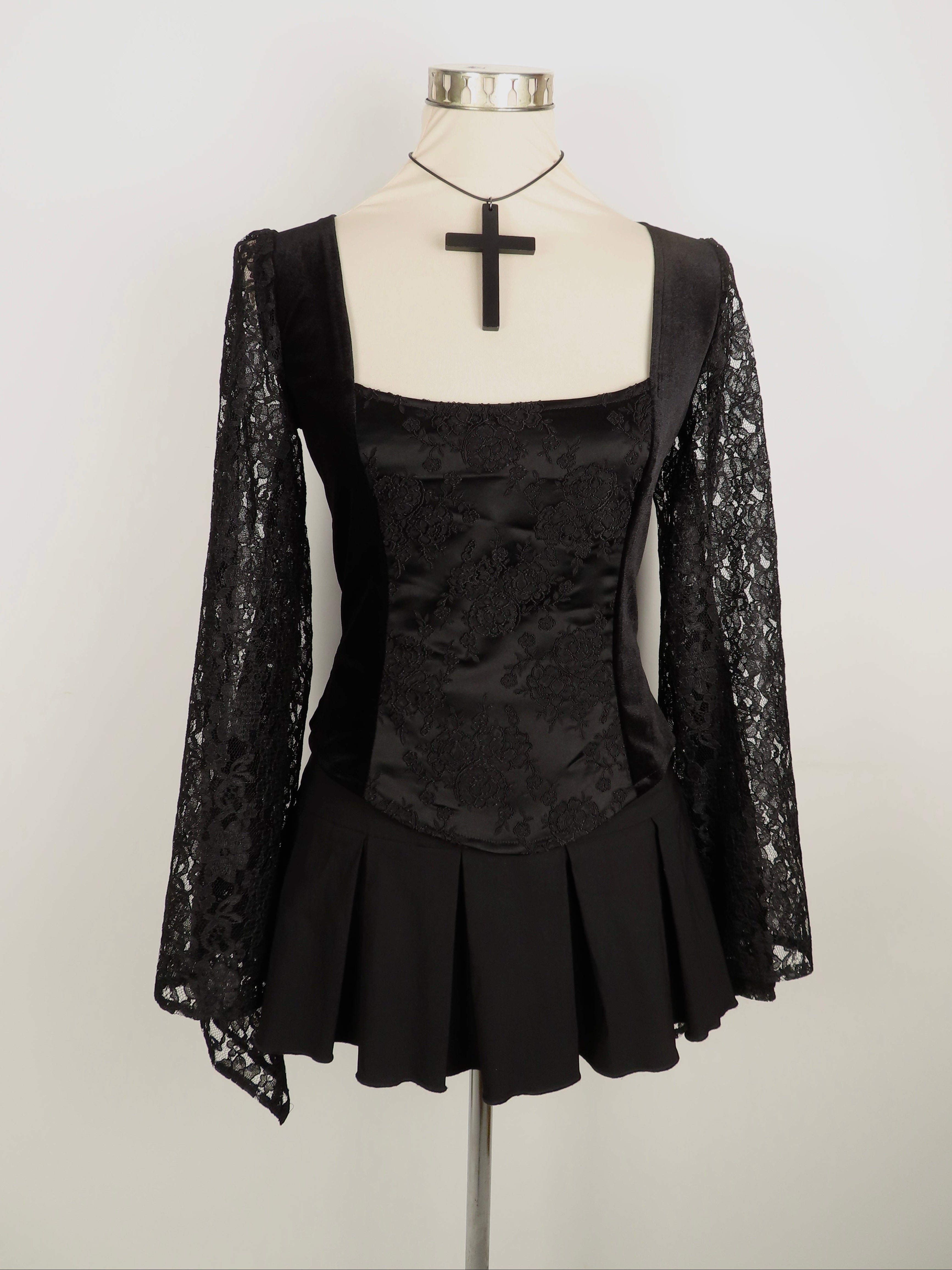 Lilith Top - Black Velour with Lace Bell Sleeve (Size 10)