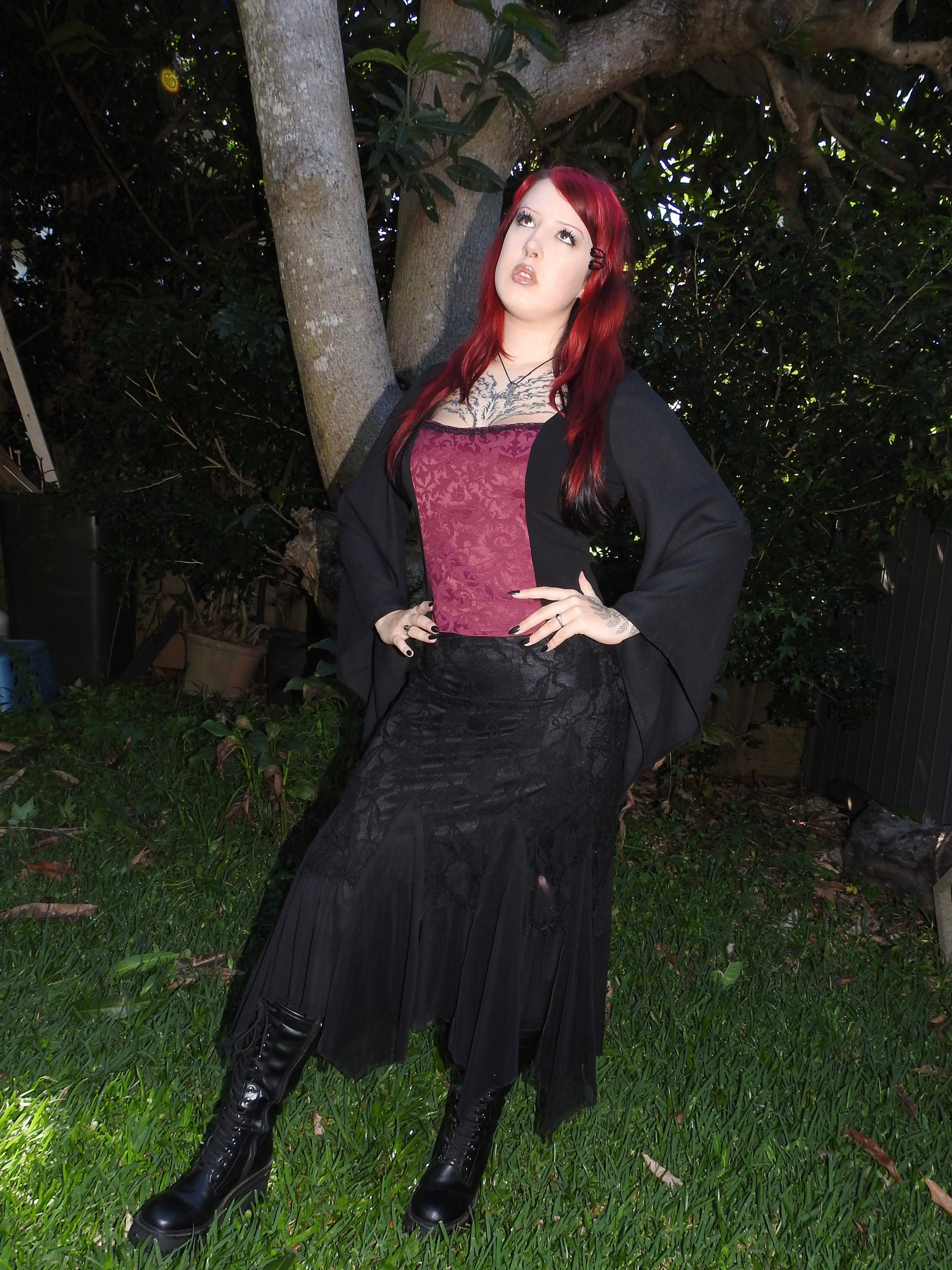 Lilith top - Black with Burgundy Brocade (Size 16-18)