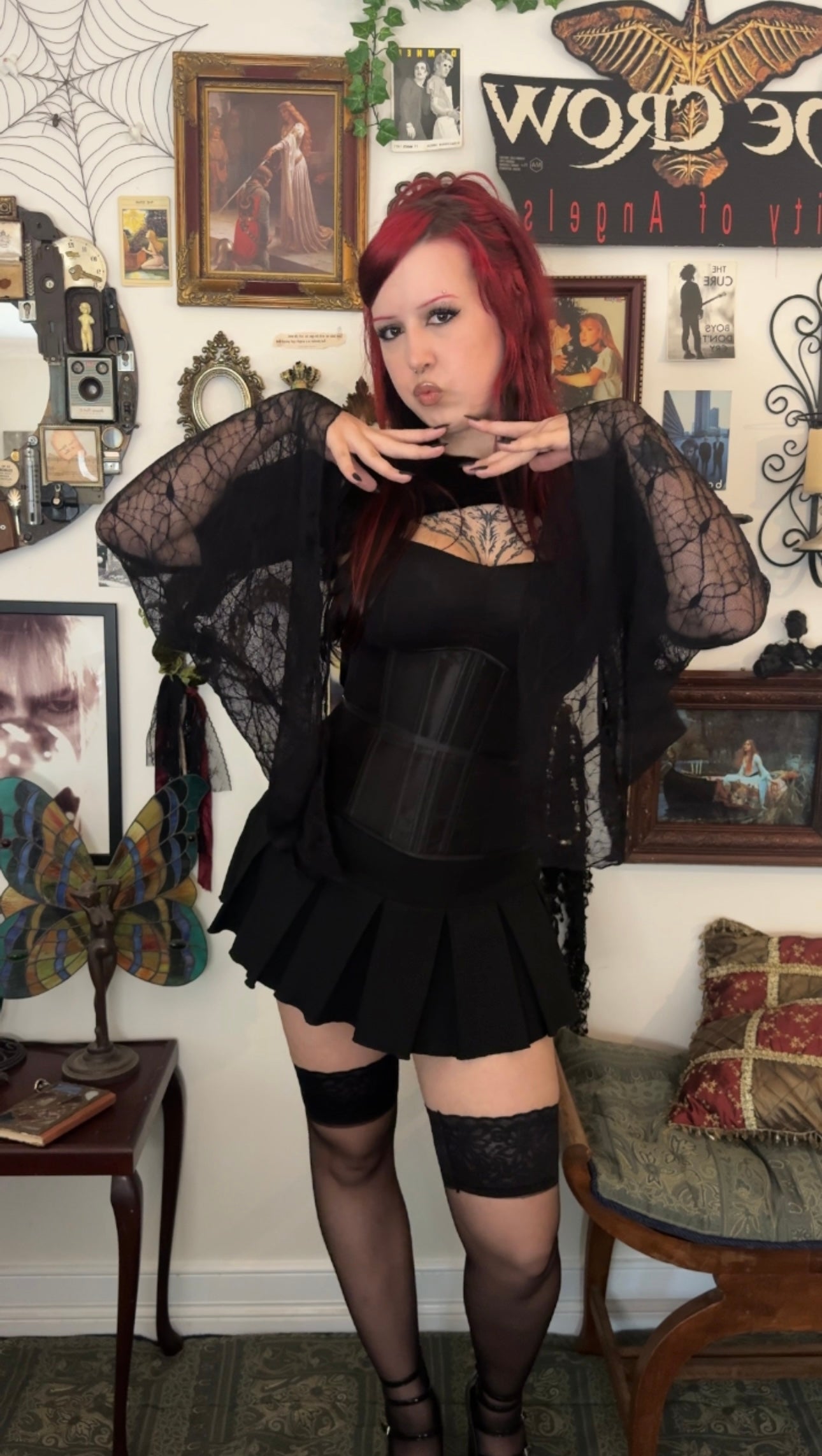 Lucinda Bolero Top - Black Velour with Spiderweb Sleeves (M)