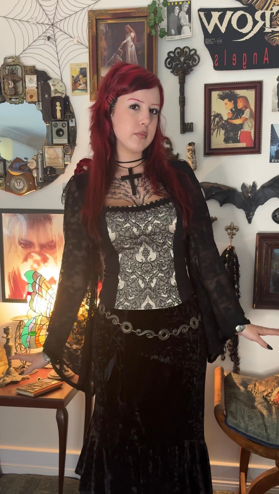 Lilith top - Black with Lace Bell Sleeves (Size 14-16)