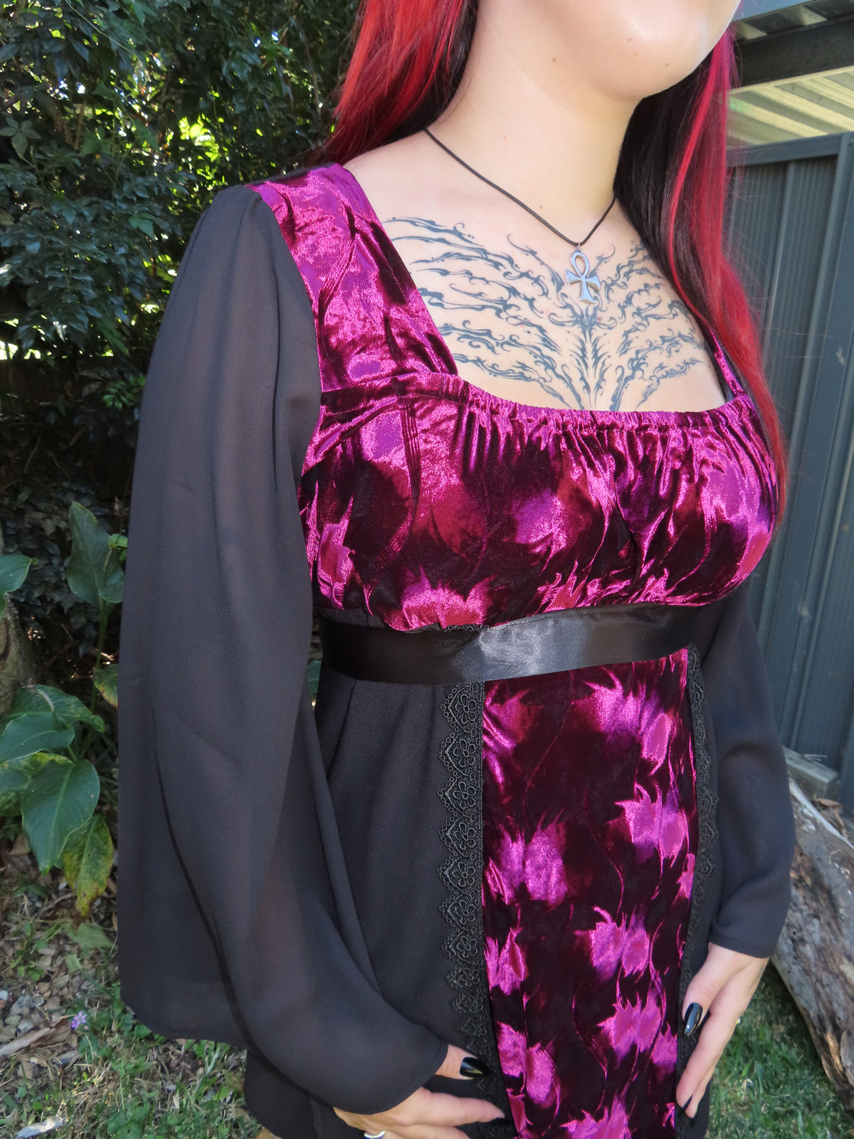 Adeline Dress - Wine-colour Crushed Velour (size 16-18)