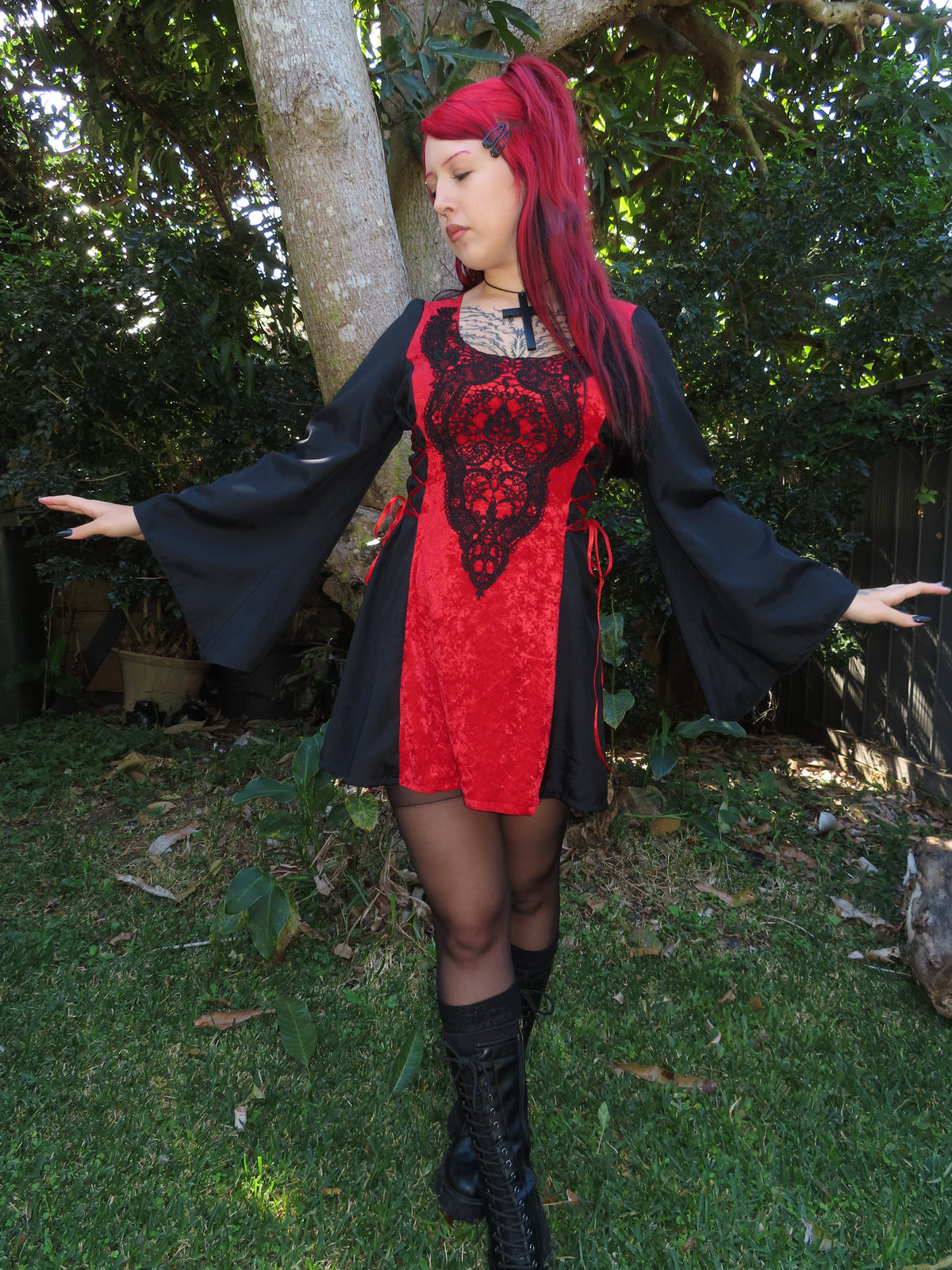 Lenore Dress - Red and Black with Side Lacing (size 12-14)