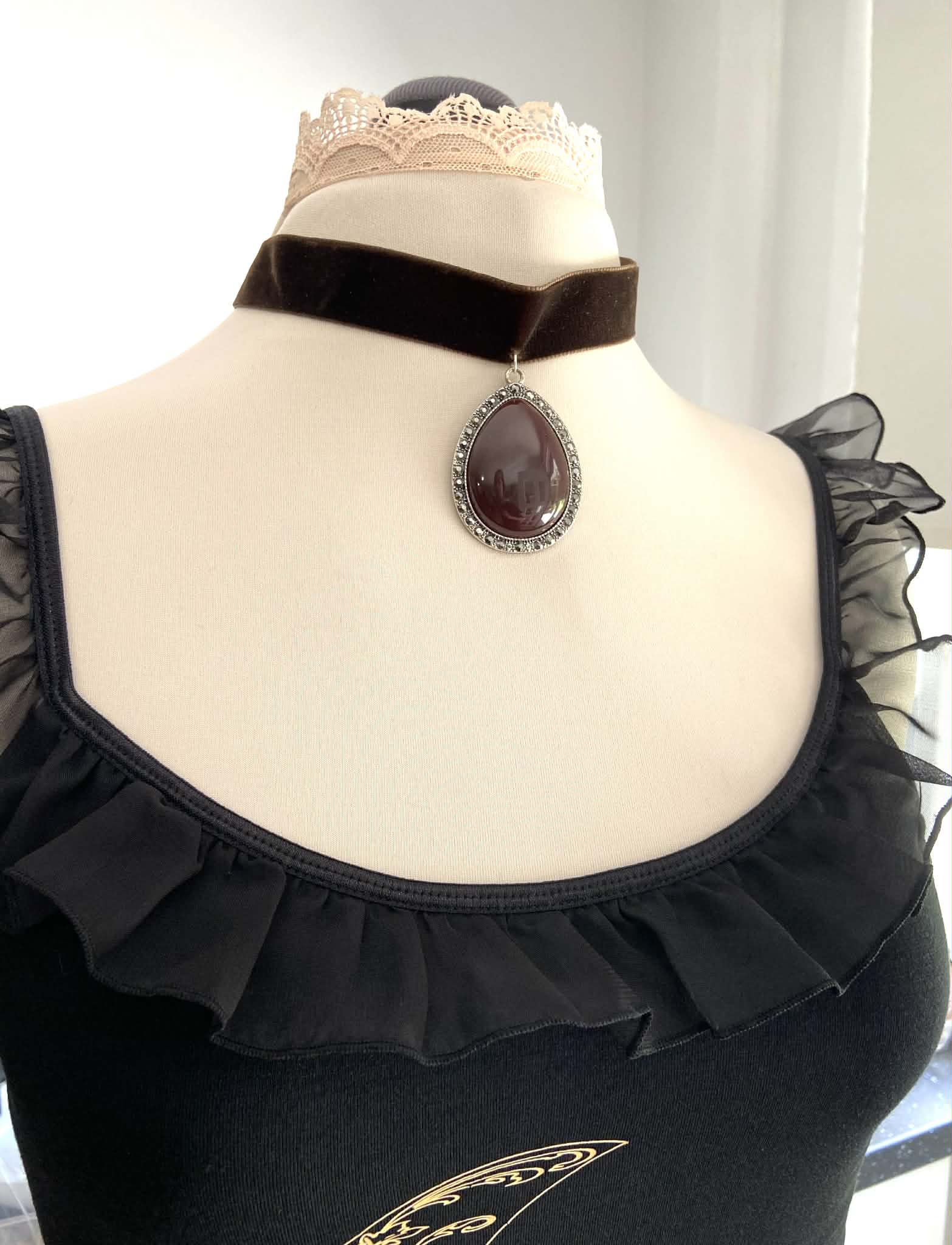 Dark Brown Velvet Choker with Teardrop Pendant