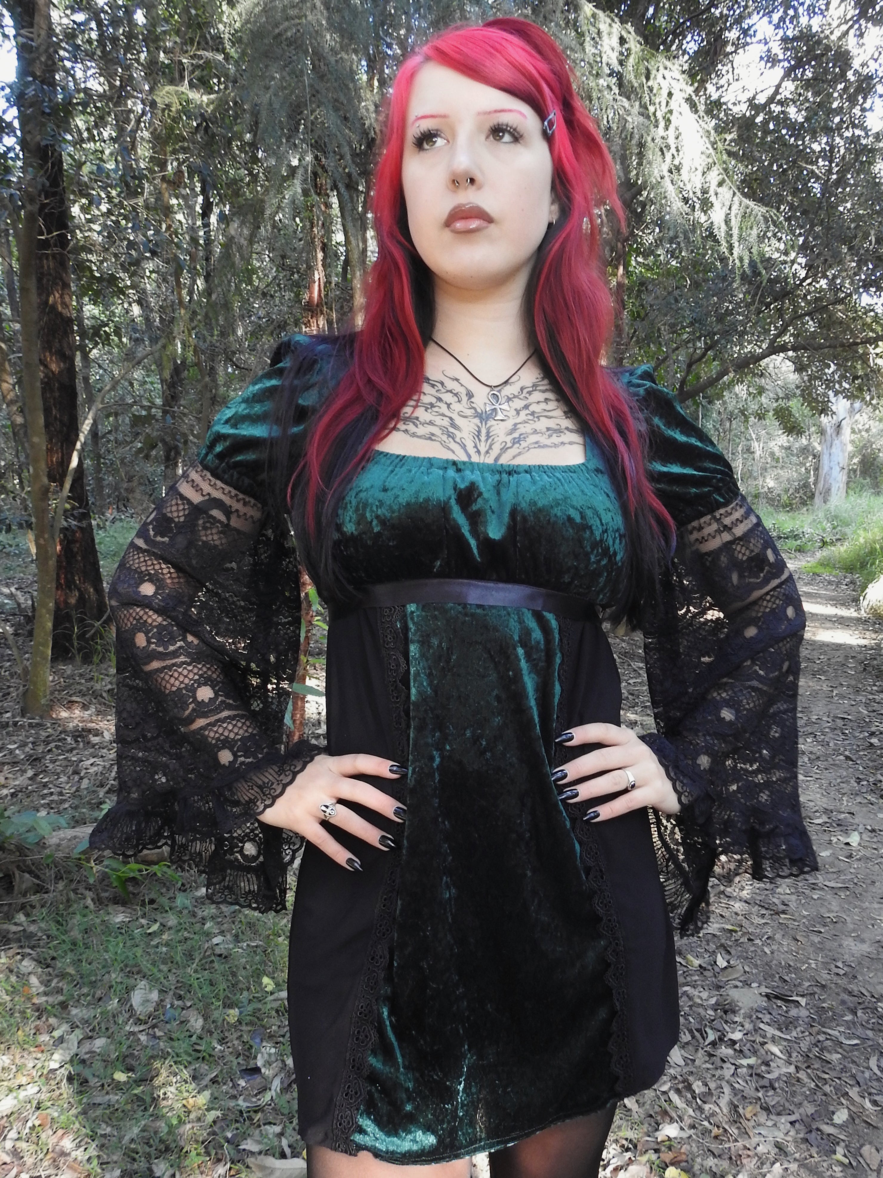 Adeline Dress - Emerald Velour with Lace Sleeves (size 12-14)