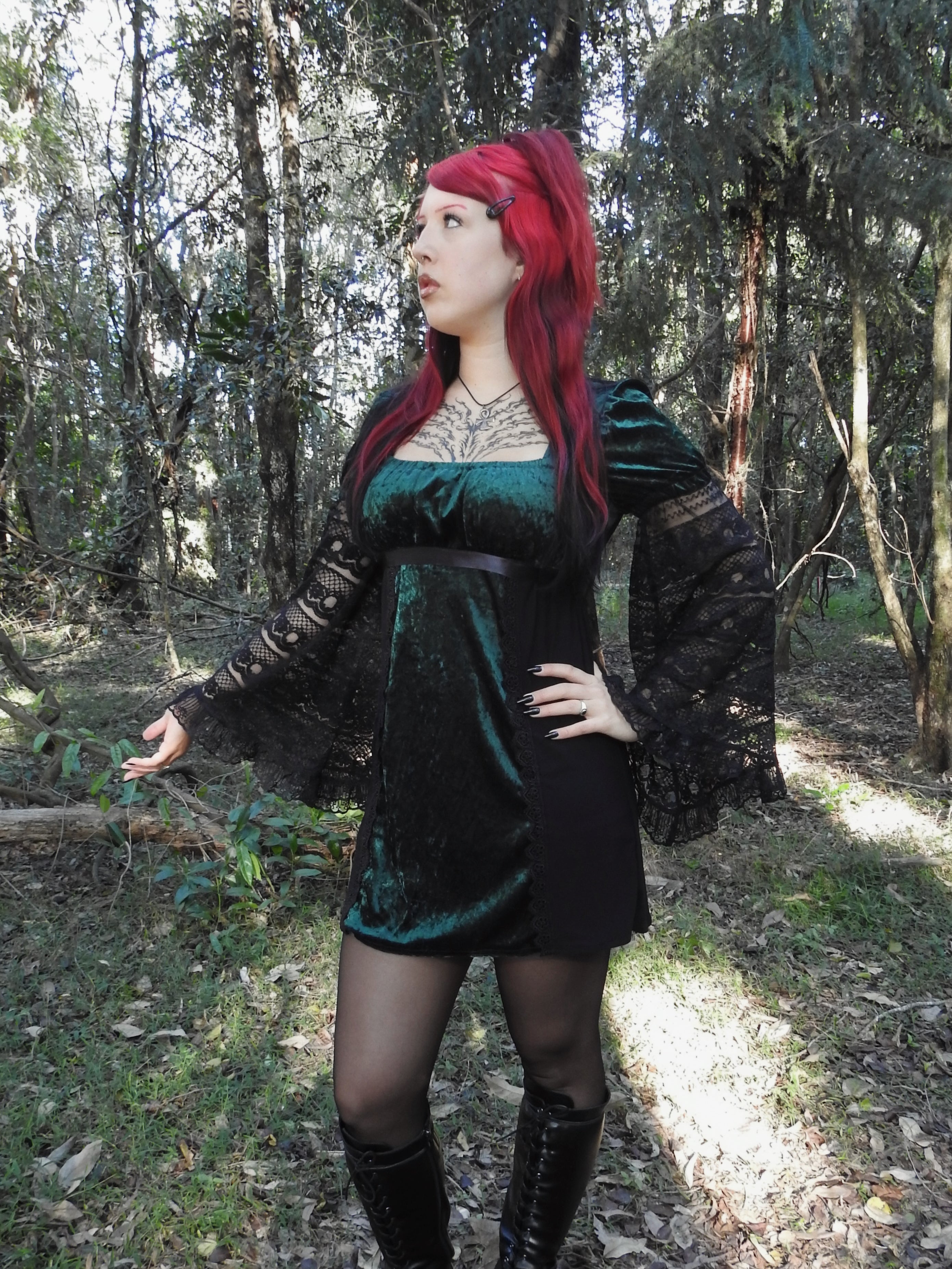 Adeline Dress - Emerald Velour with Lace Sleeves (size 12-14)