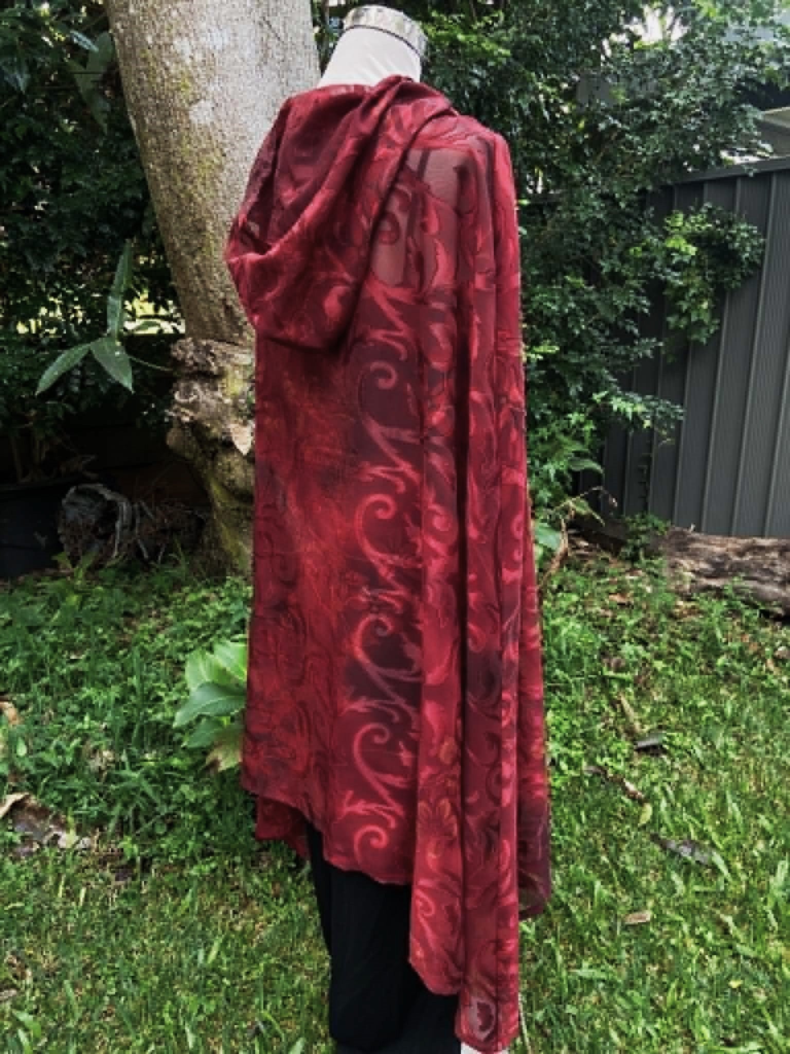 Burgundy Semi-Sheer Cape with Hood