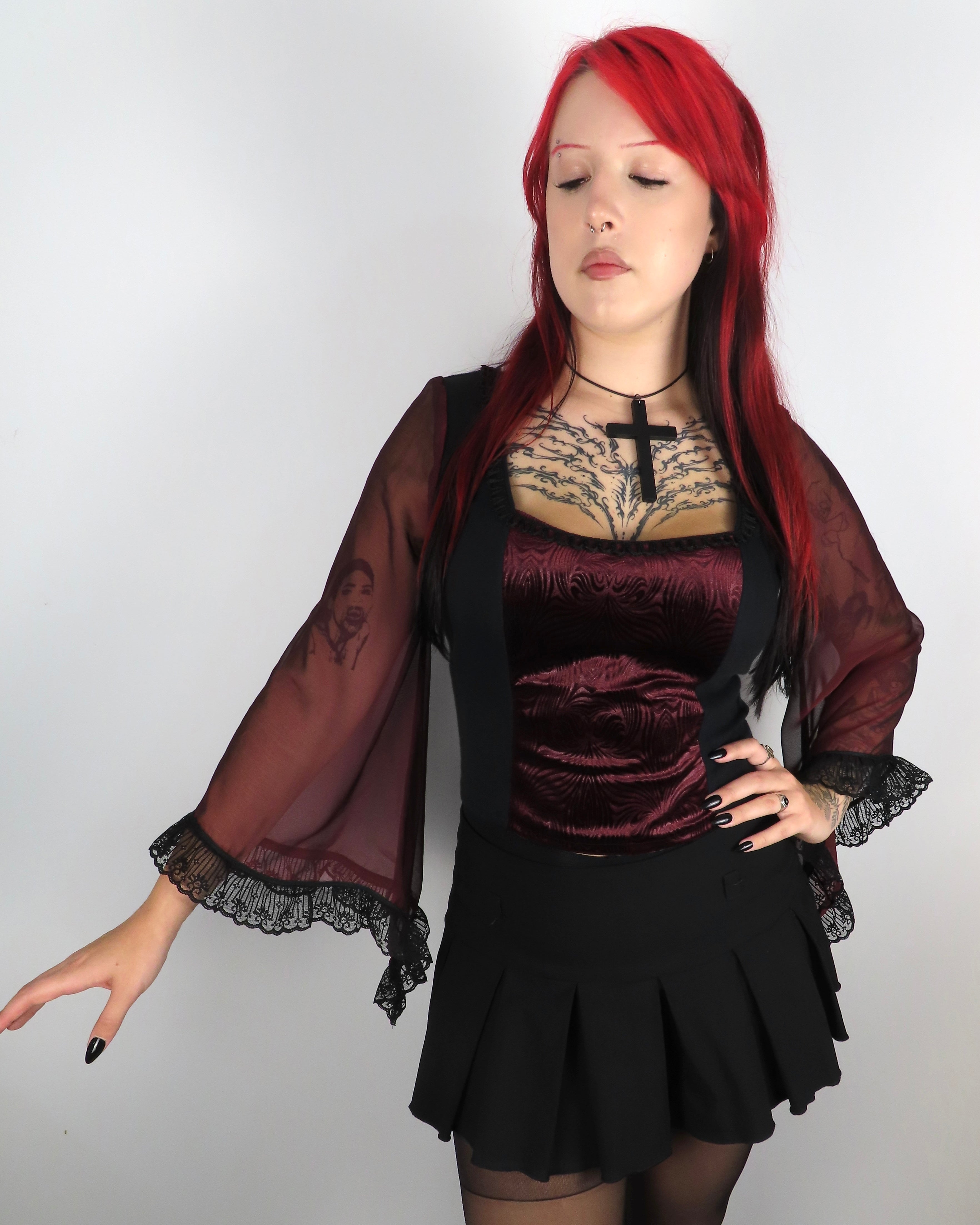 Lilith Top - Black with Burgundy Velour and Bell Sleeve (size 18-20)