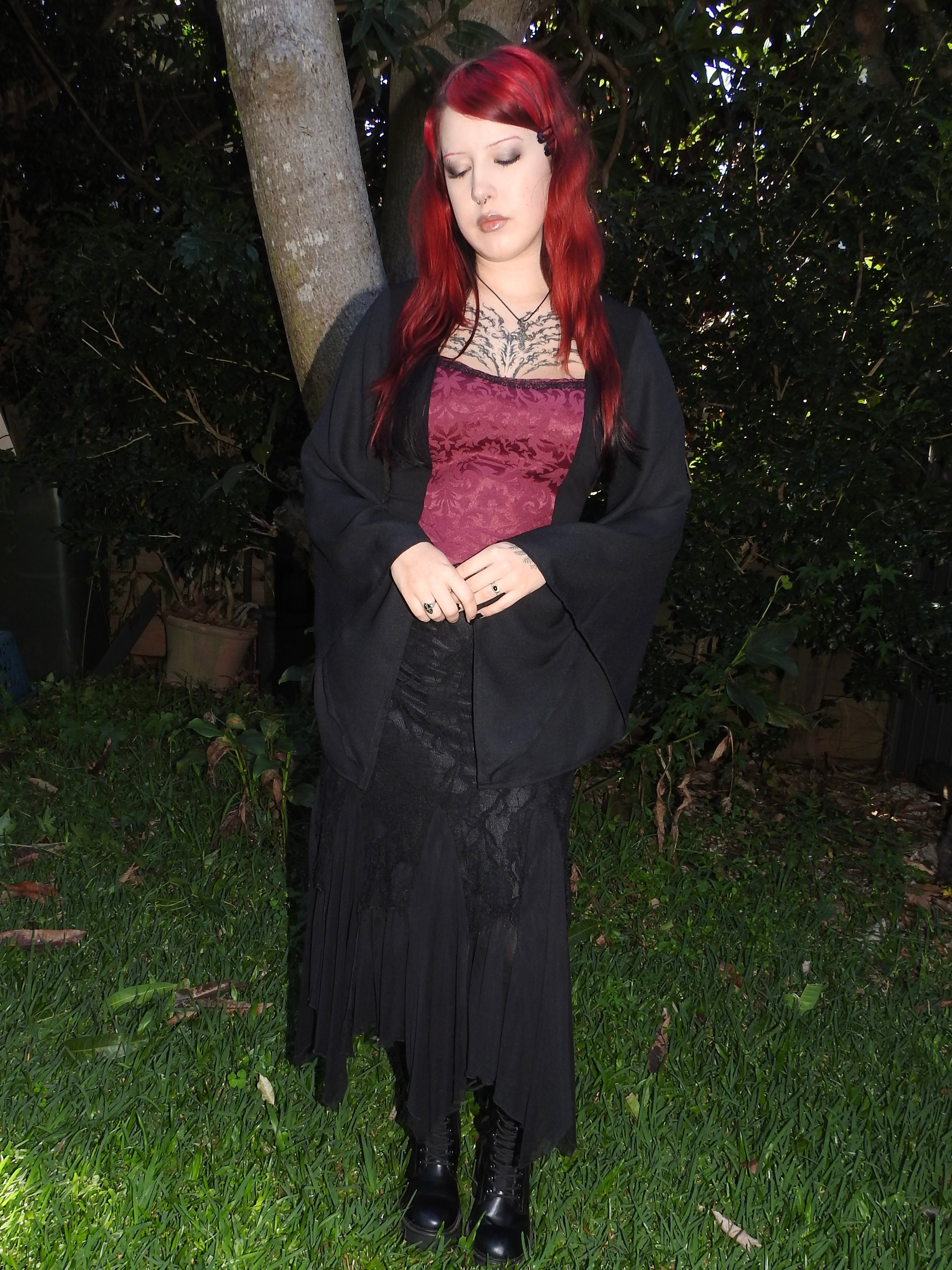 Lilith top - Black with Burgundy Brocade (Size 16-18)
