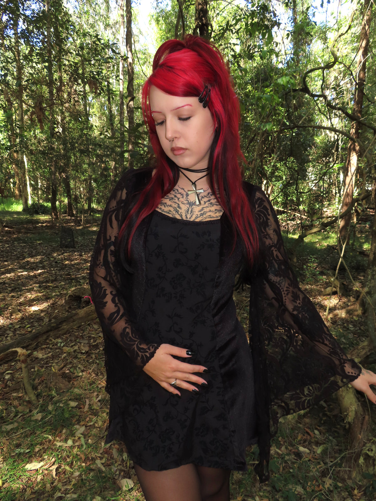 Cordelia Dress - Black Velour with Lace Bell Sleeves (Size 14)