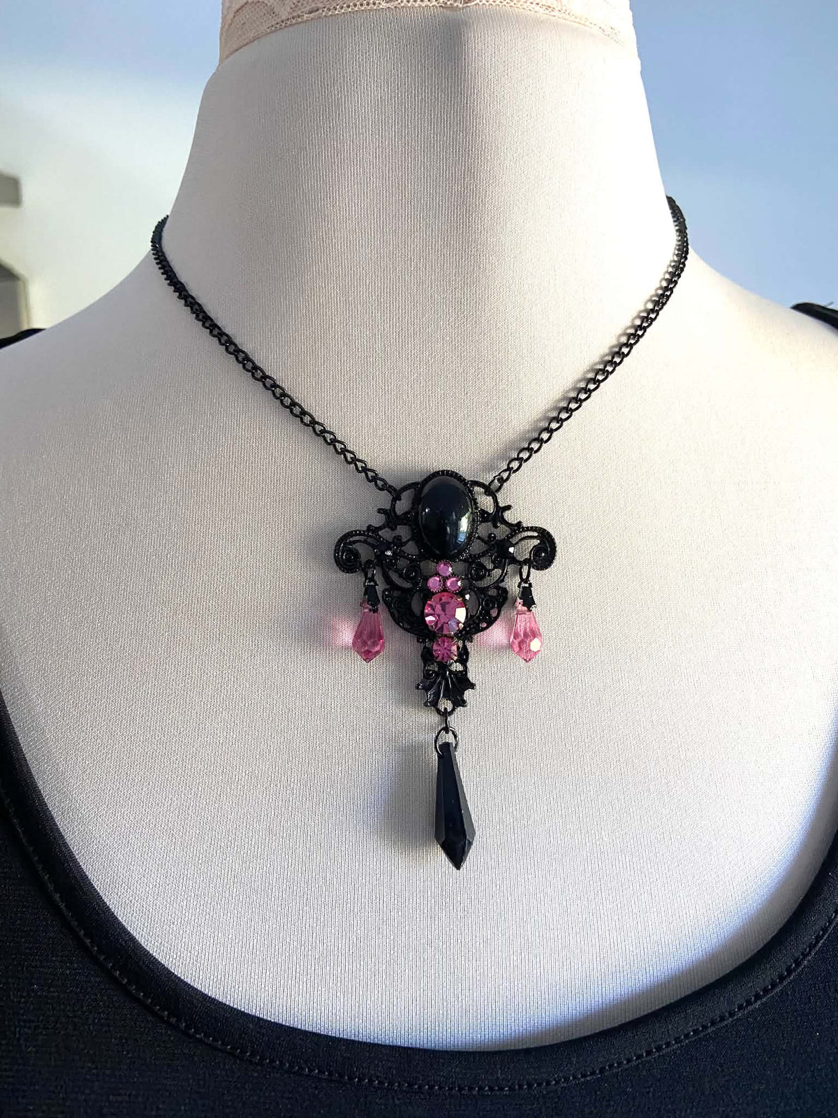 Black Necklace with Pink Crystals