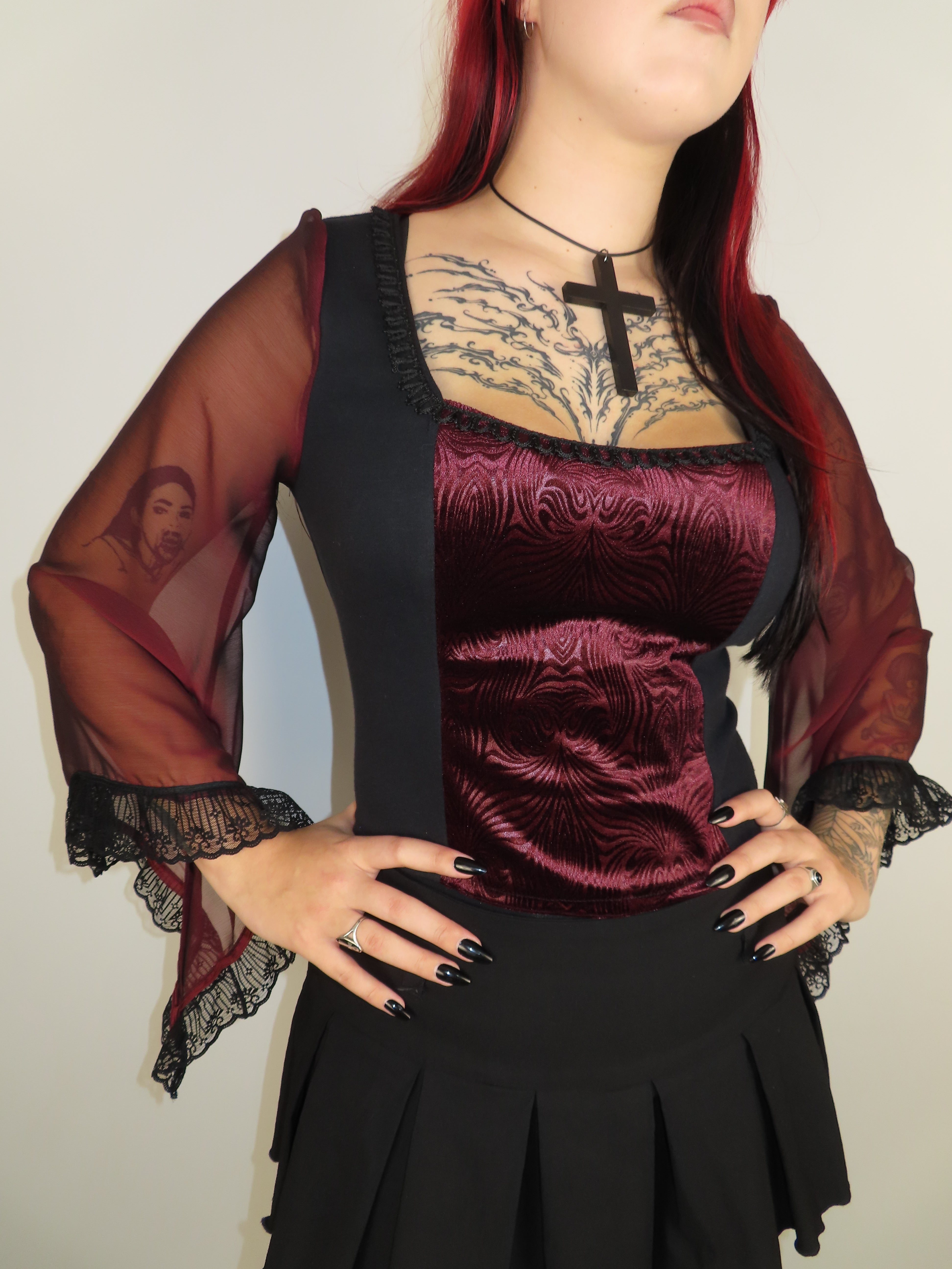 Lilith Top - Black with Burgundy Velour and Bell Sleeve (size 18-20)