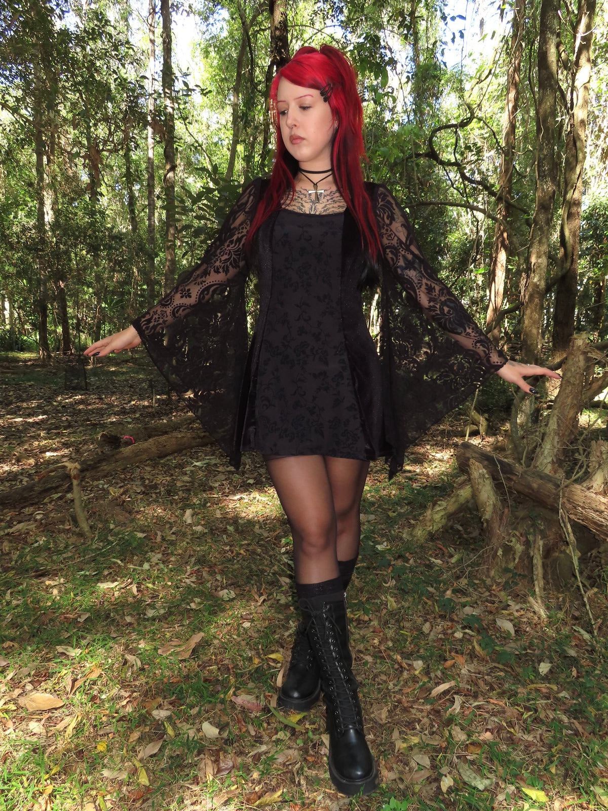 Cordelia Dress - Black Velour with Lace Bell Sleeves (Size 14)