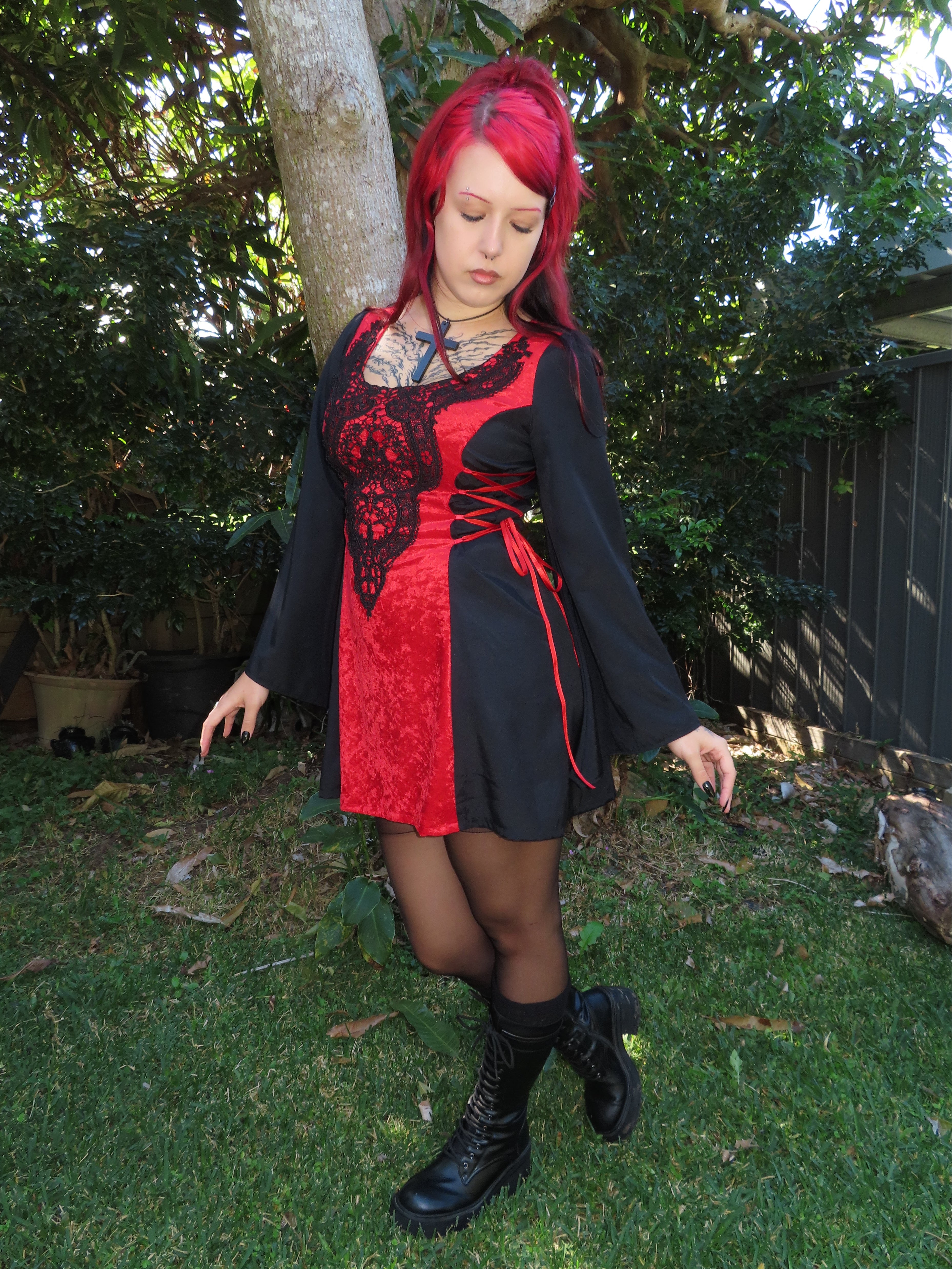 Lenore Dress - Red and Black with Side Lacing (size 12-14)
