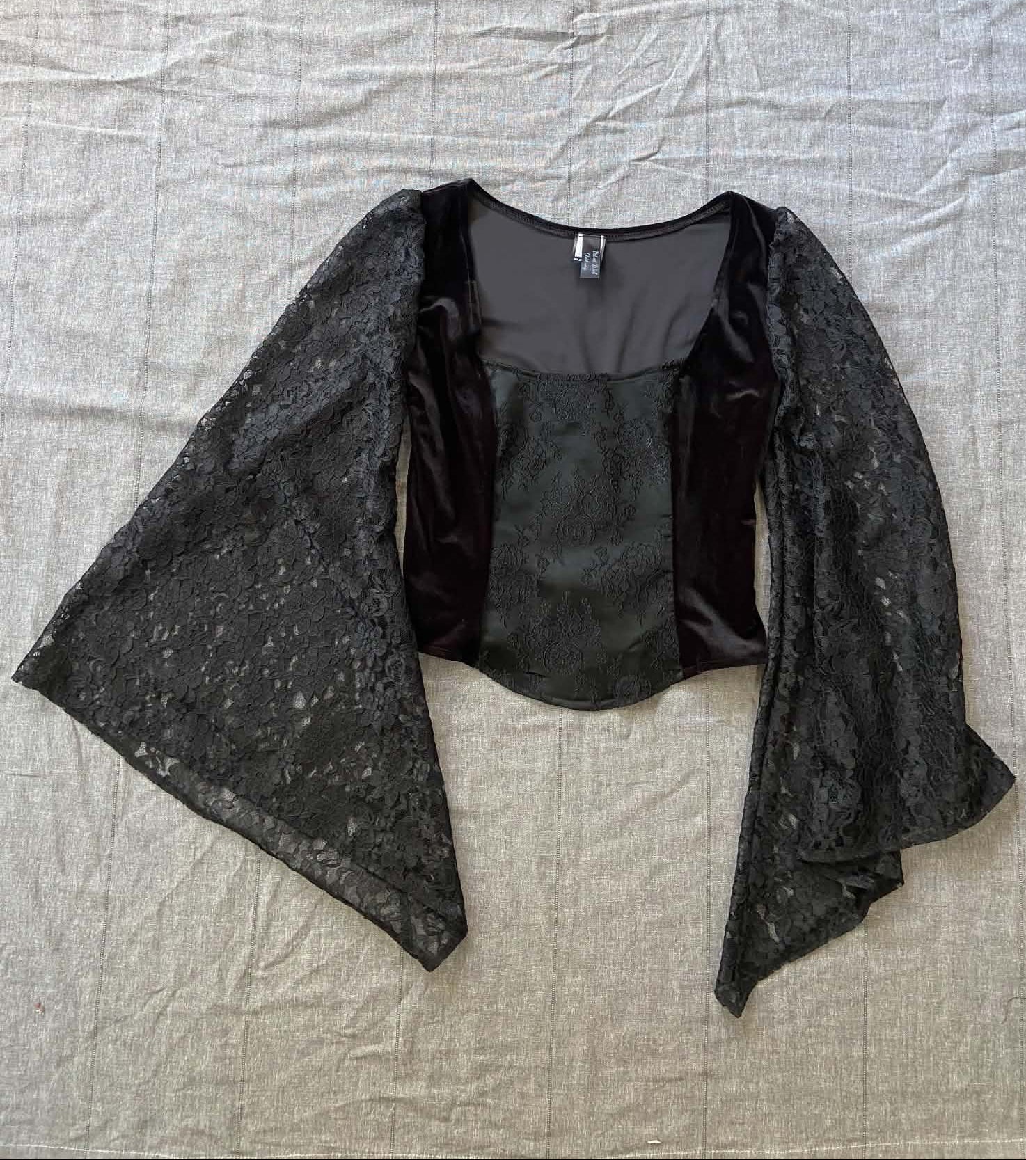 Lilith Top - Black Velour with Lace Bell Sleeve (Size 10)