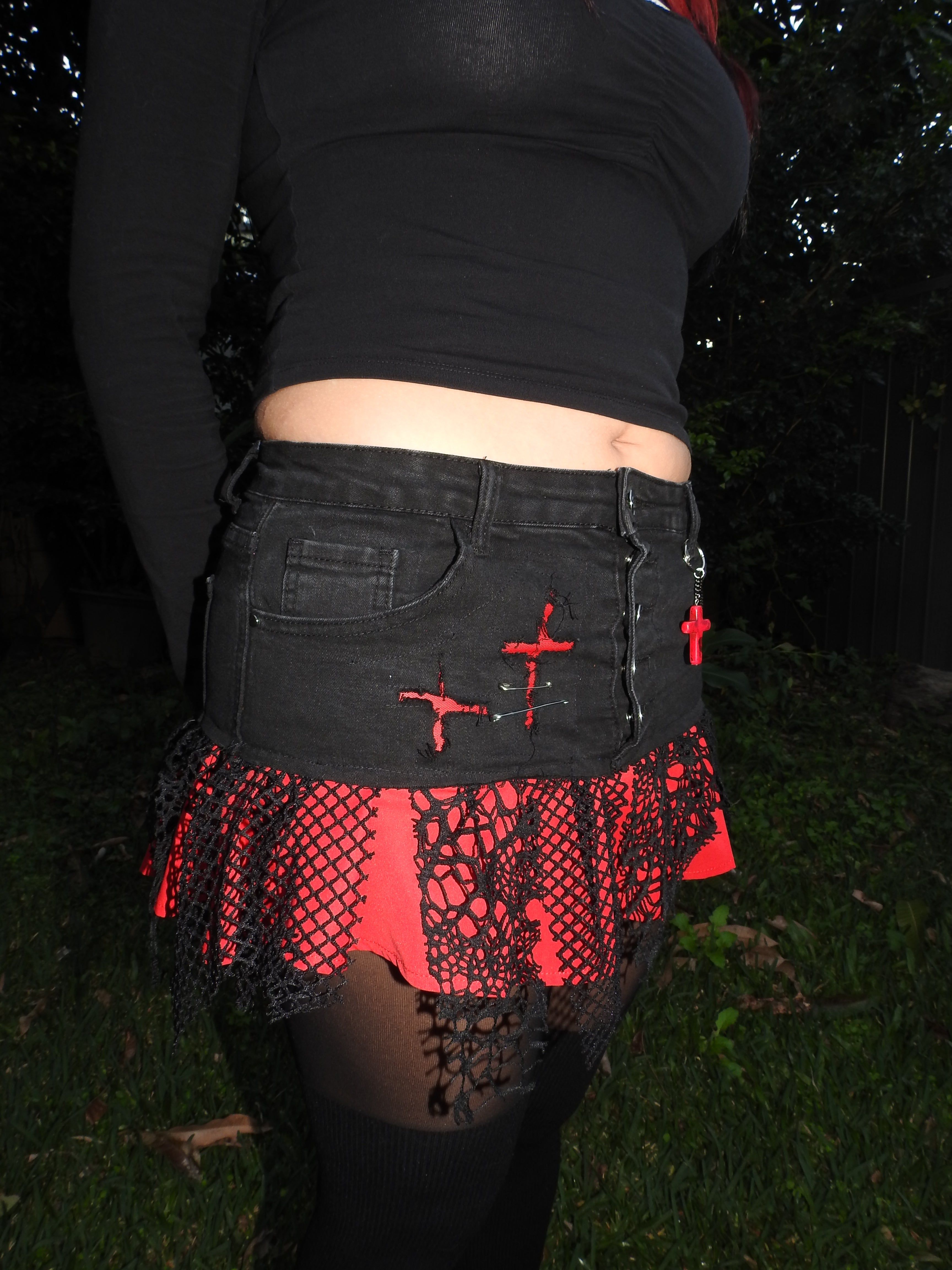 Mini Skirt - Black Denim with Red Frill and Mesh (size 10-12)