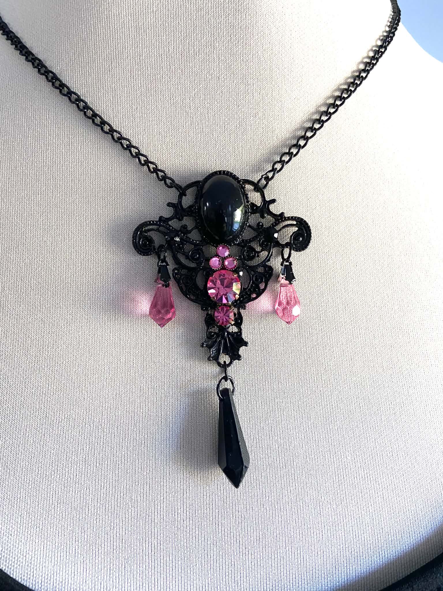 Black Necklace with Pink Crystals