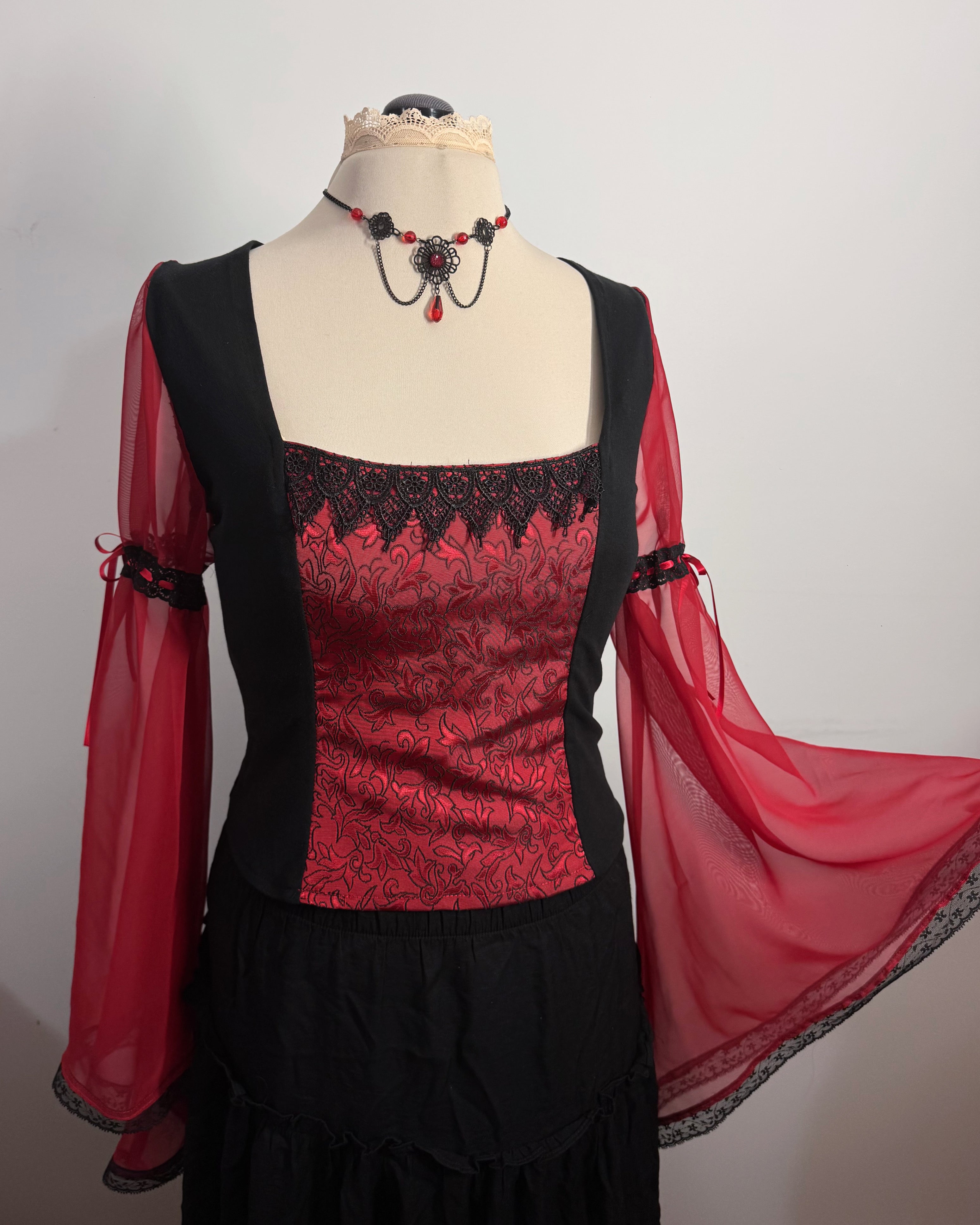 Lilith Top - Black with Red Brocade and Bell Sleeve (Size 16-18)
