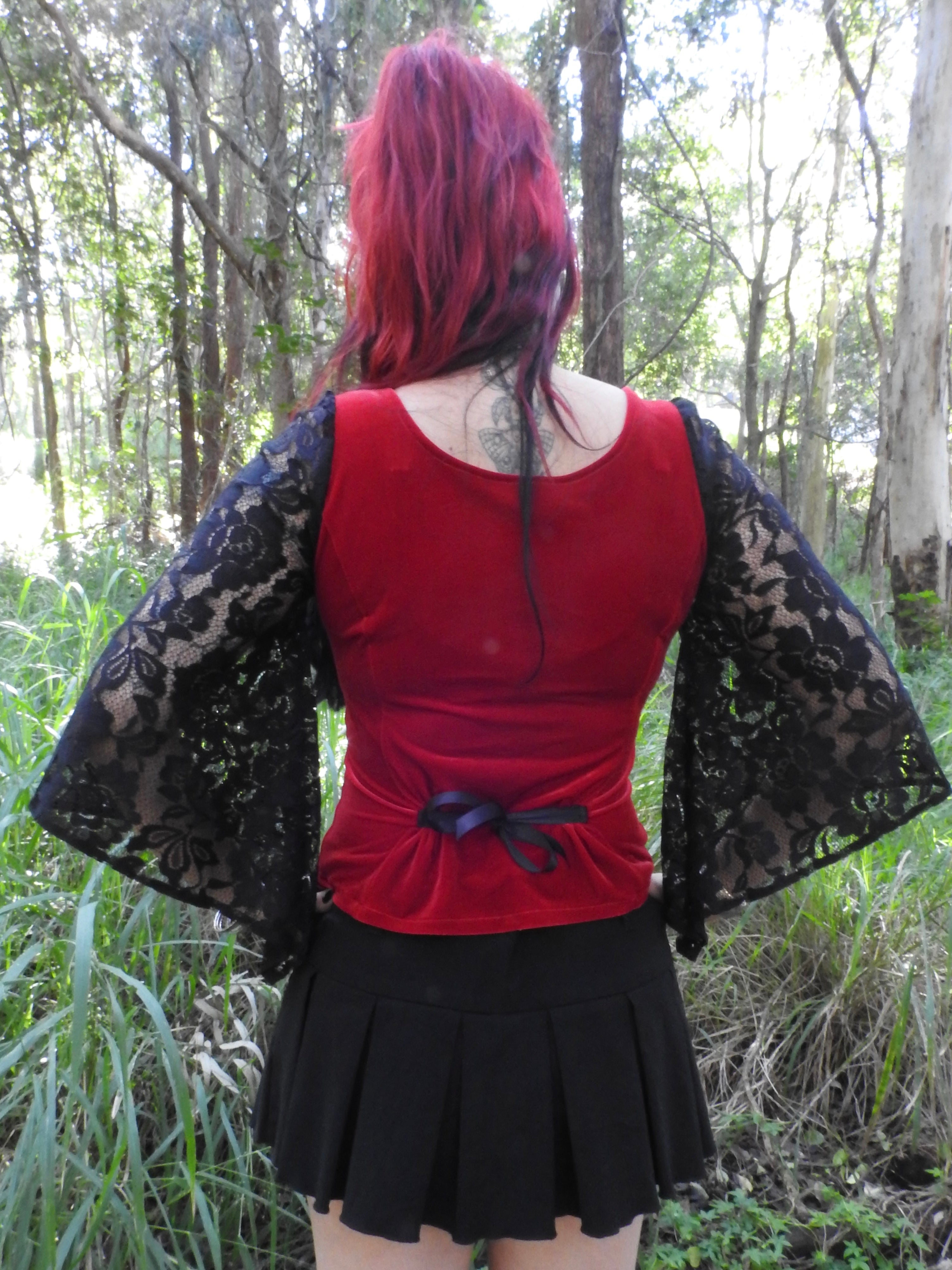 Lilith Top - Dark Red Velour with Black Lace Sleeves (size 12)