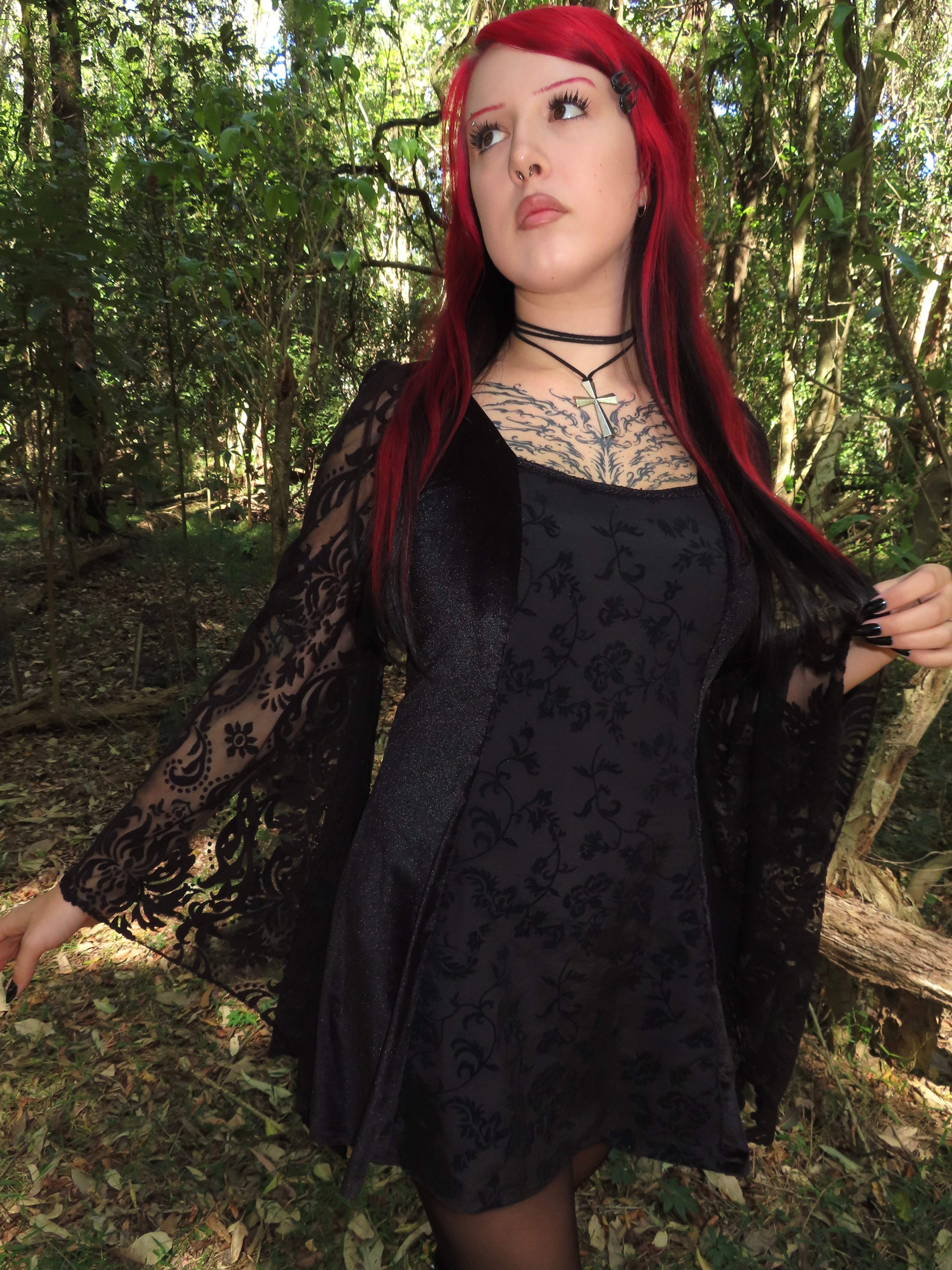 Cordelia Dress - Black Velour with Lace Bell Sleeves (Size 14)