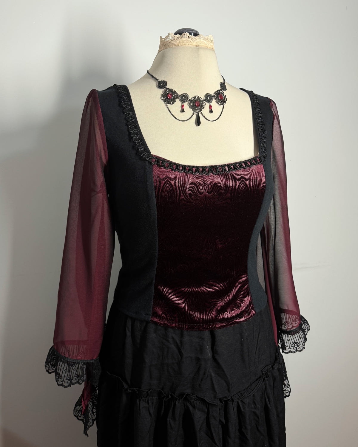 Lilith Top - Black with Burgundy Velour and Bell Sleeve (size 18-20)