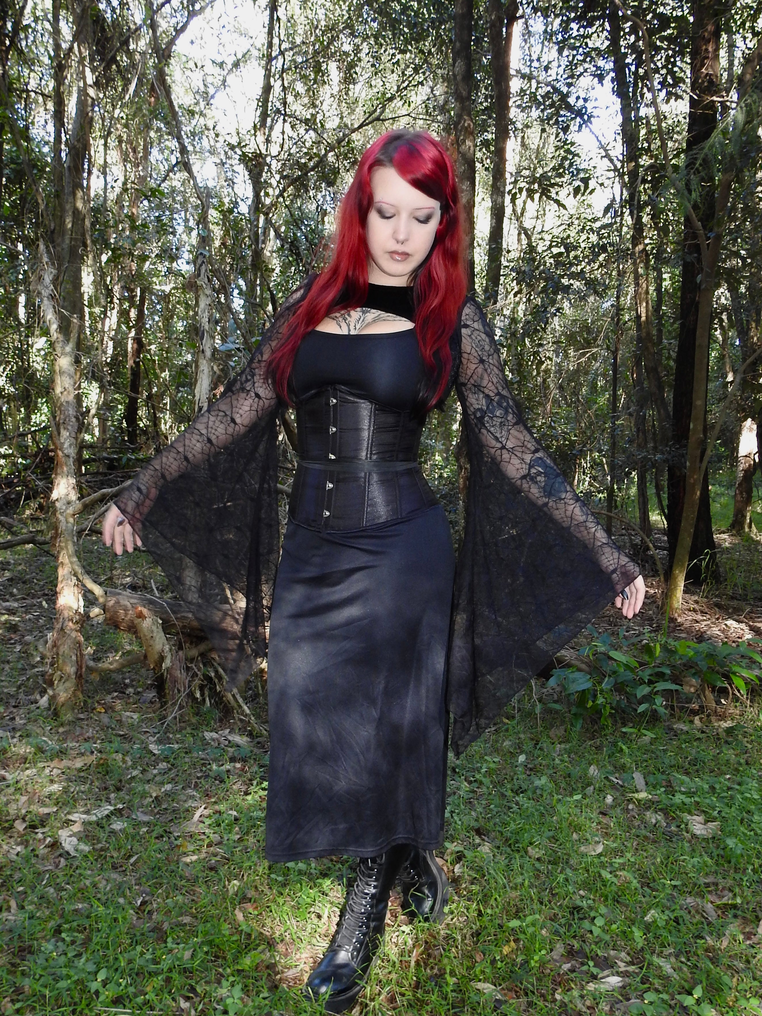 Lucinda Bolero Top - Black Velour with Spiderweb Sleeves (M)
