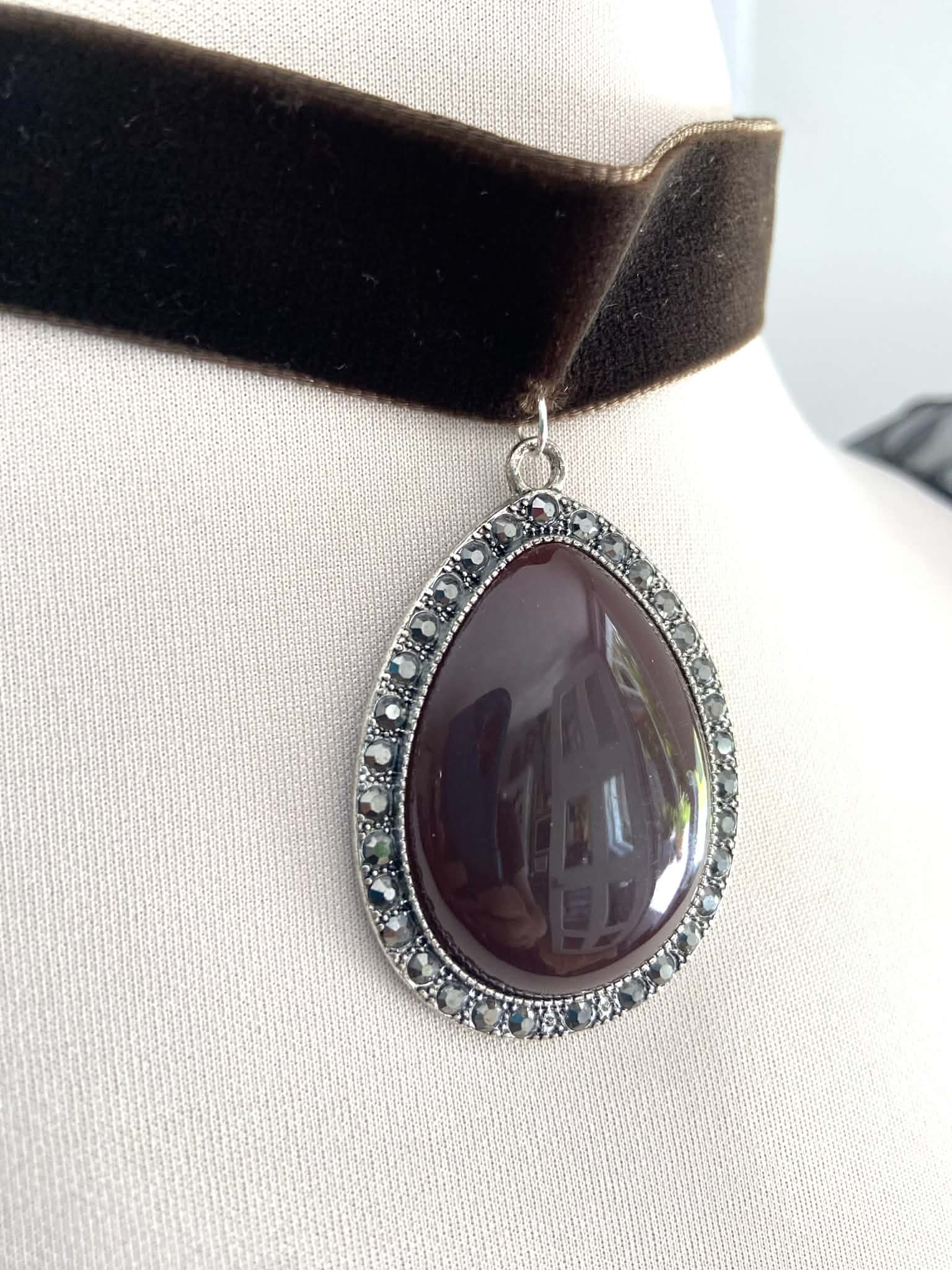 Dark Brown Velvet Choker with Teardrop Pendant
