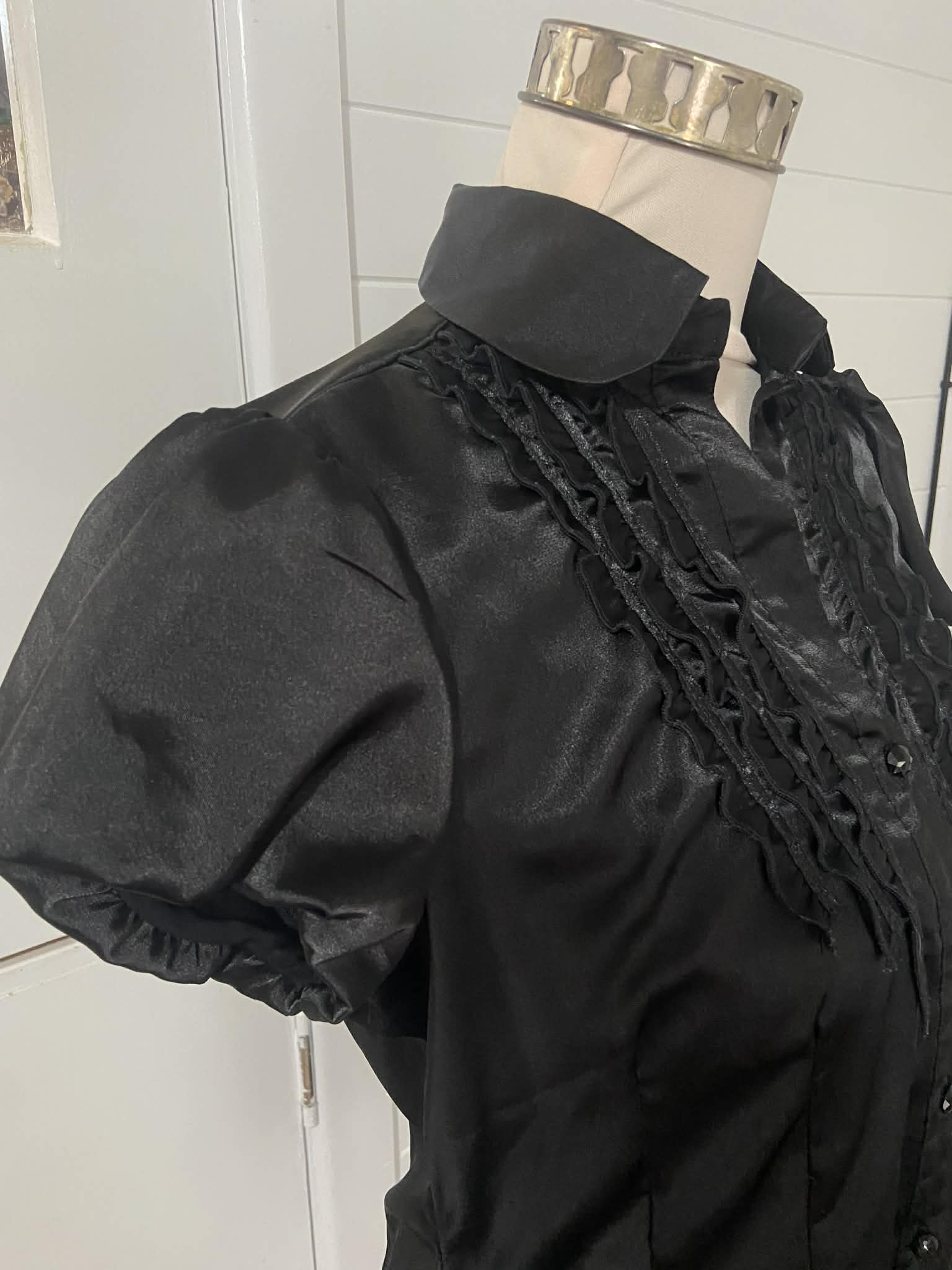 Vintage Satin Blouse with Frill Trim (Size 12)