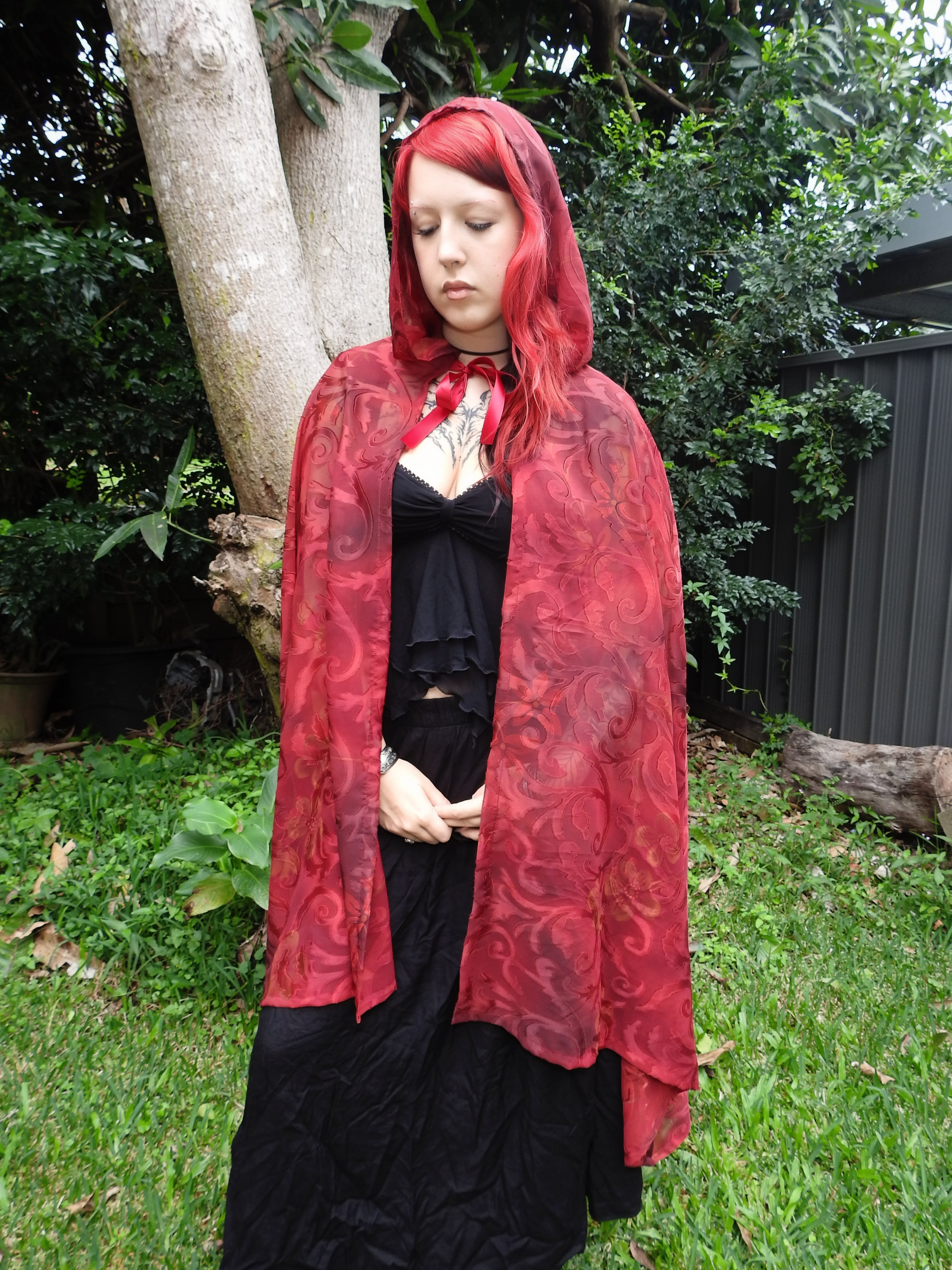 Burgundy Semi-Sheer Cape with Hood