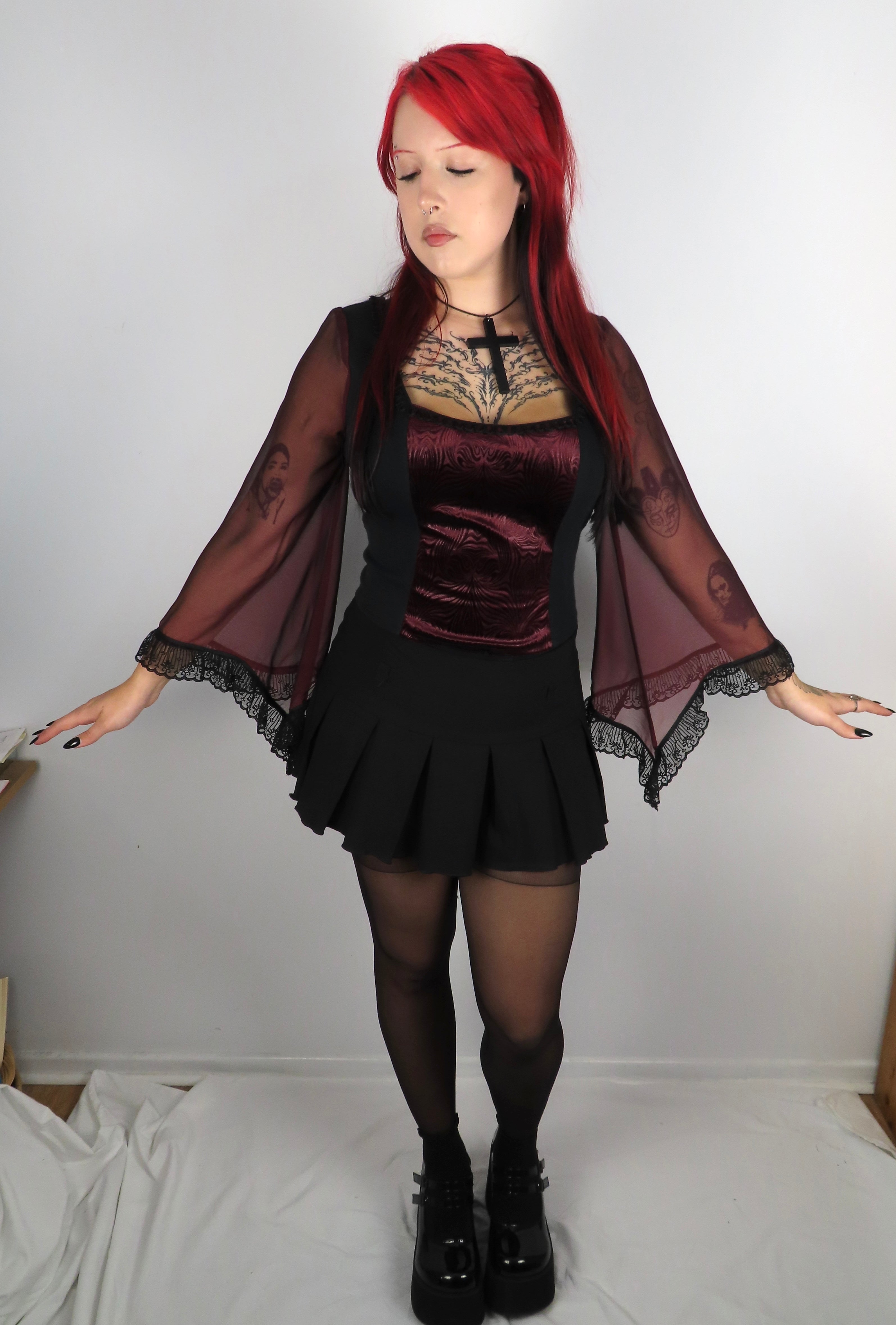 Lilith Top - Black with Burgundy Velour and Bell Sleeve (size 18-20)