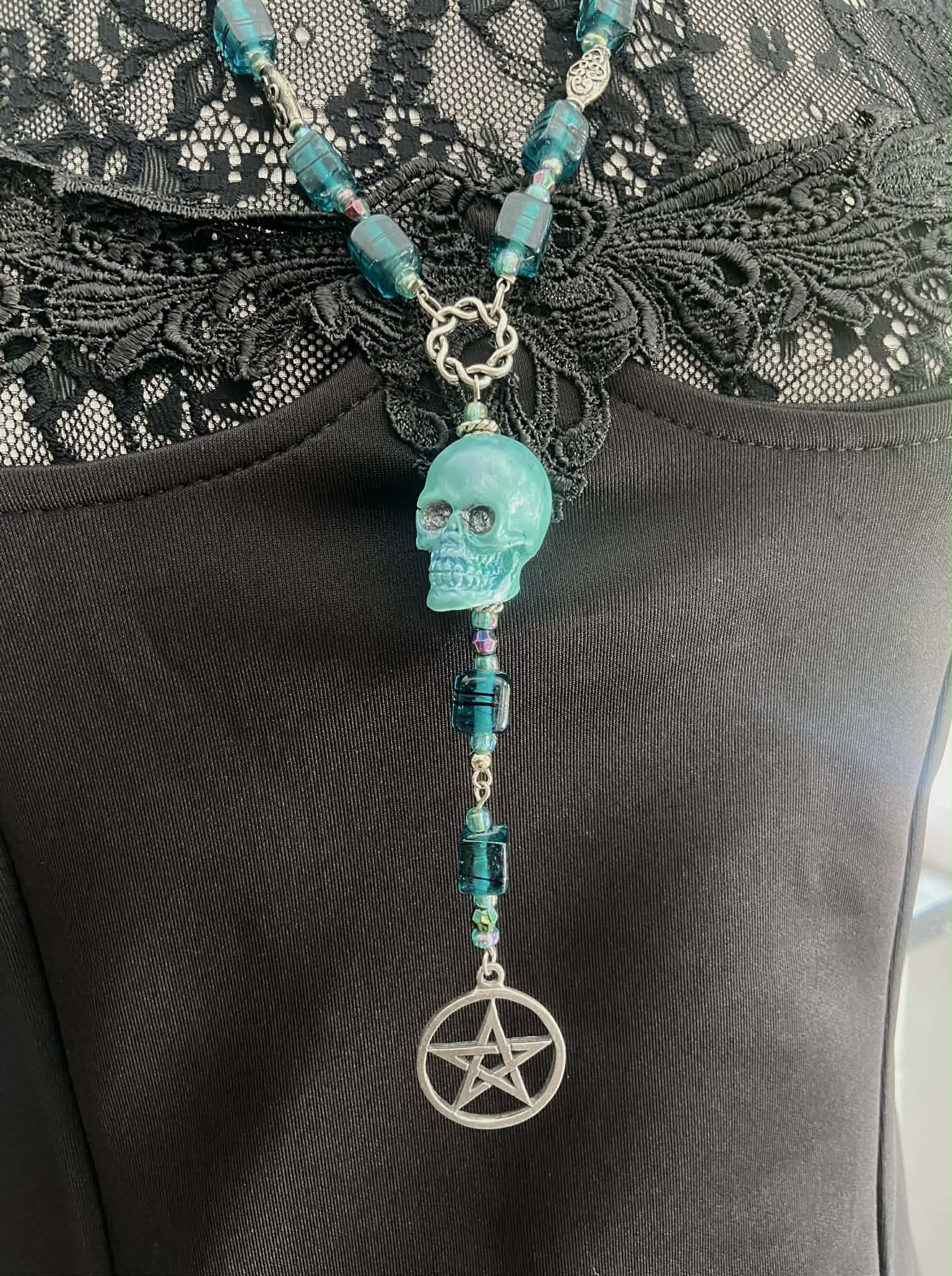 Teal Glass Bead Rosary with Skull and Pentagram