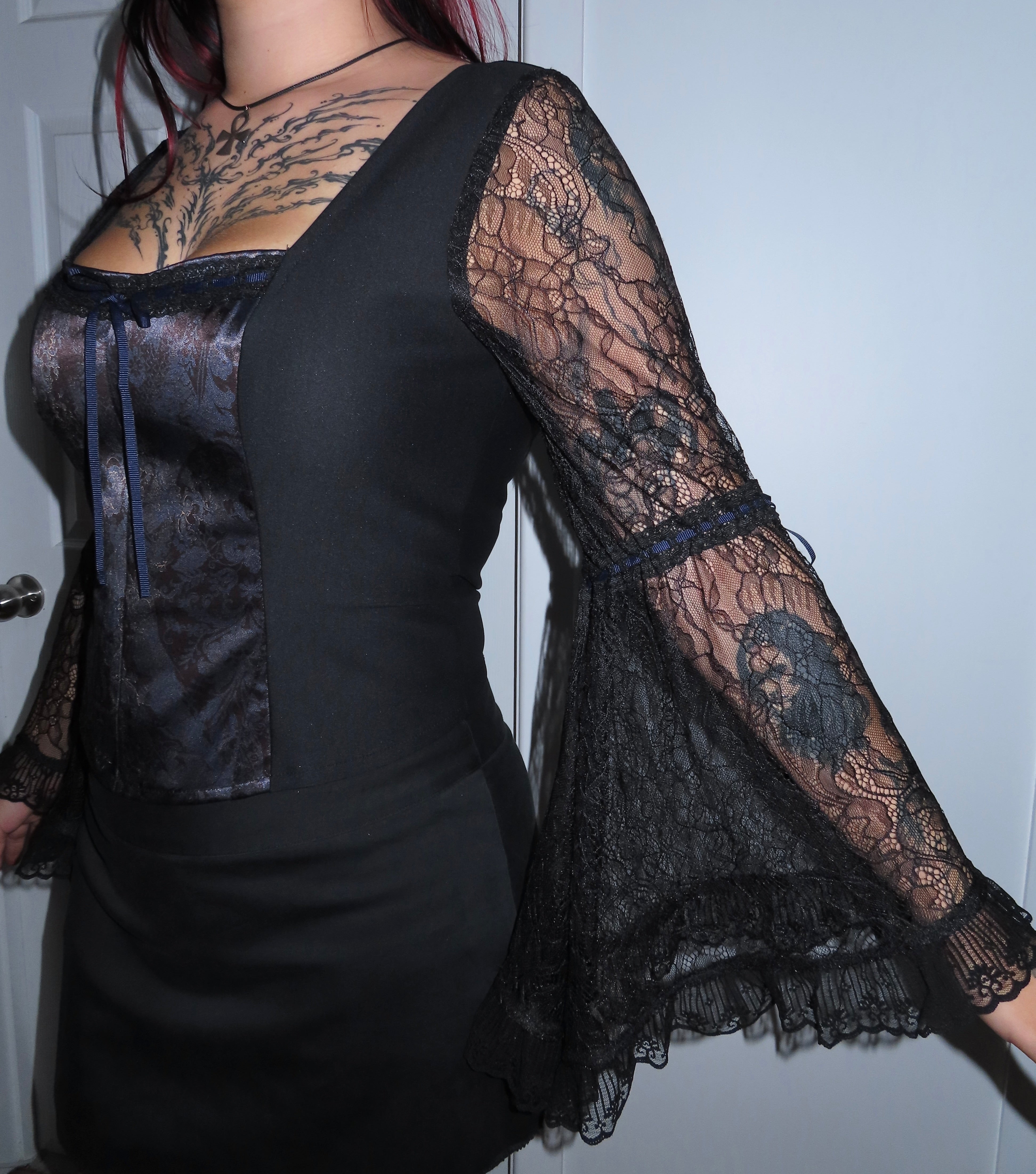 Lilith Top - Black with Baroque Print and Lace Sleeves (Size 14-16)