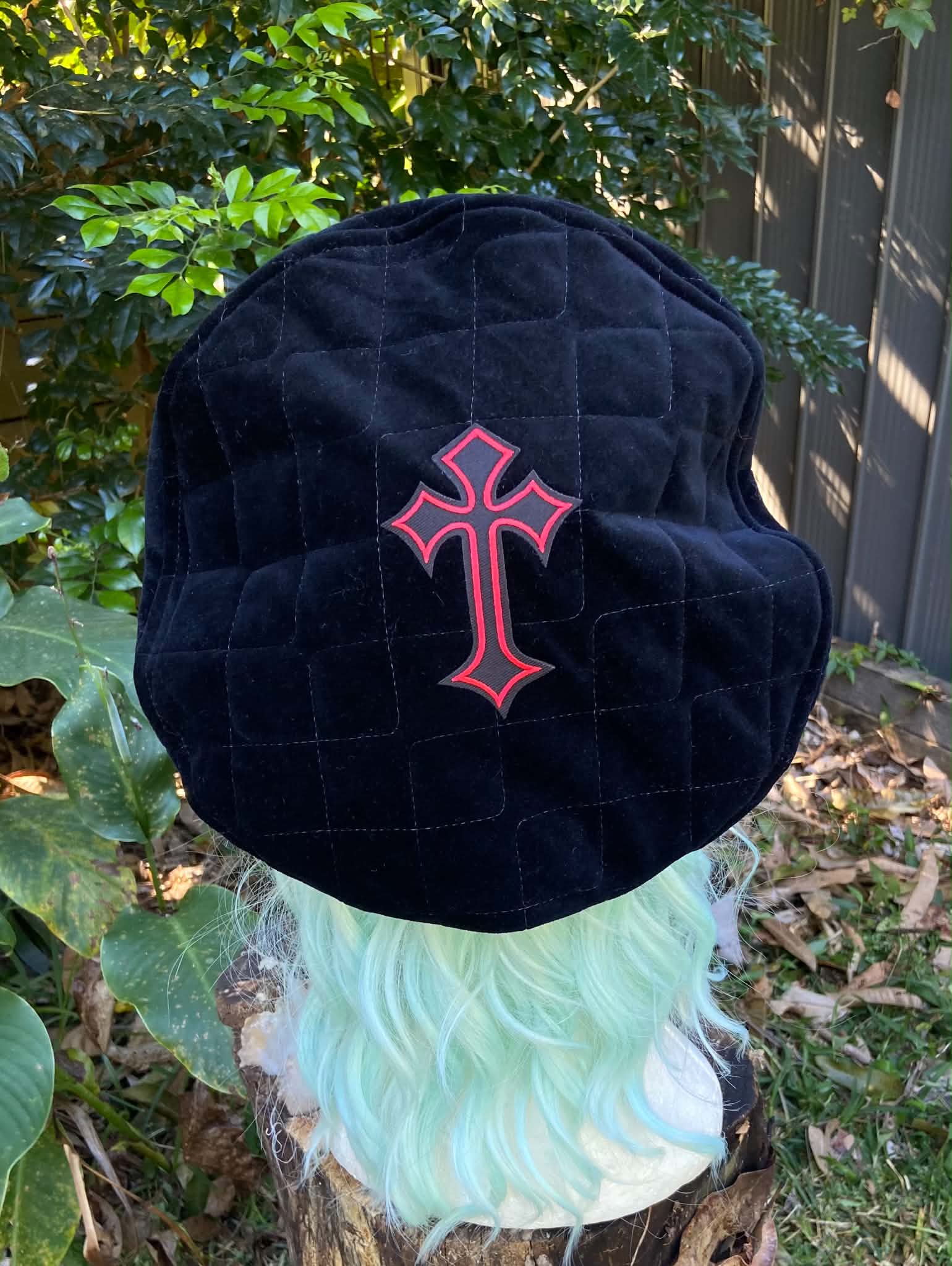 Beret- Black Quilted Velvet with Red Cross