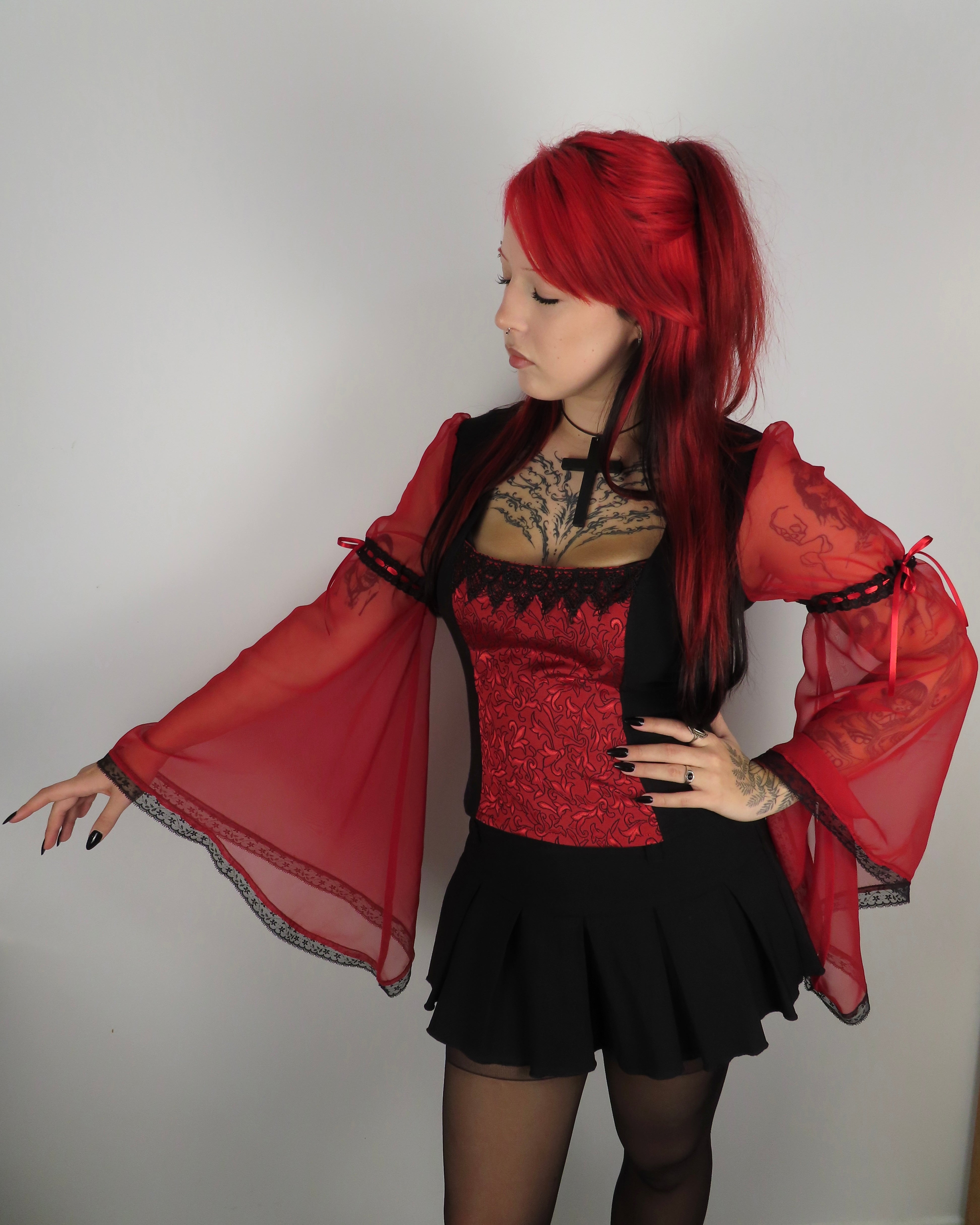 Lilith Top - Black with Red Brocade and Bell Sleeve (Size 16-18)