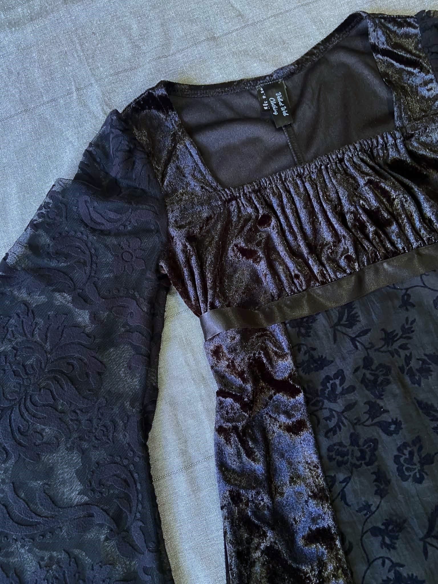 Adeline Dress - Black Velour with Lace Sleeves (size 8-10)