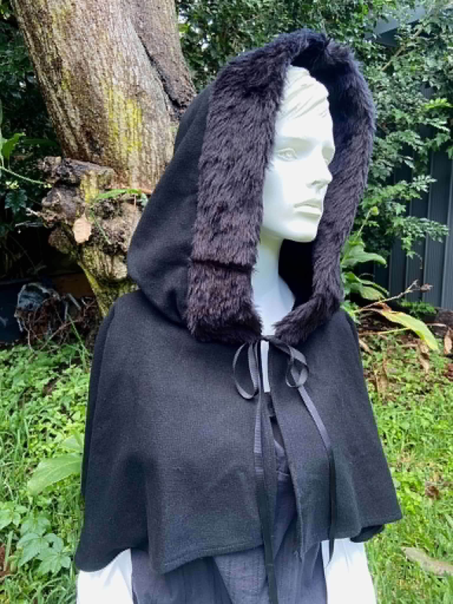 Black Capelet with Faux Fur Trim Hood