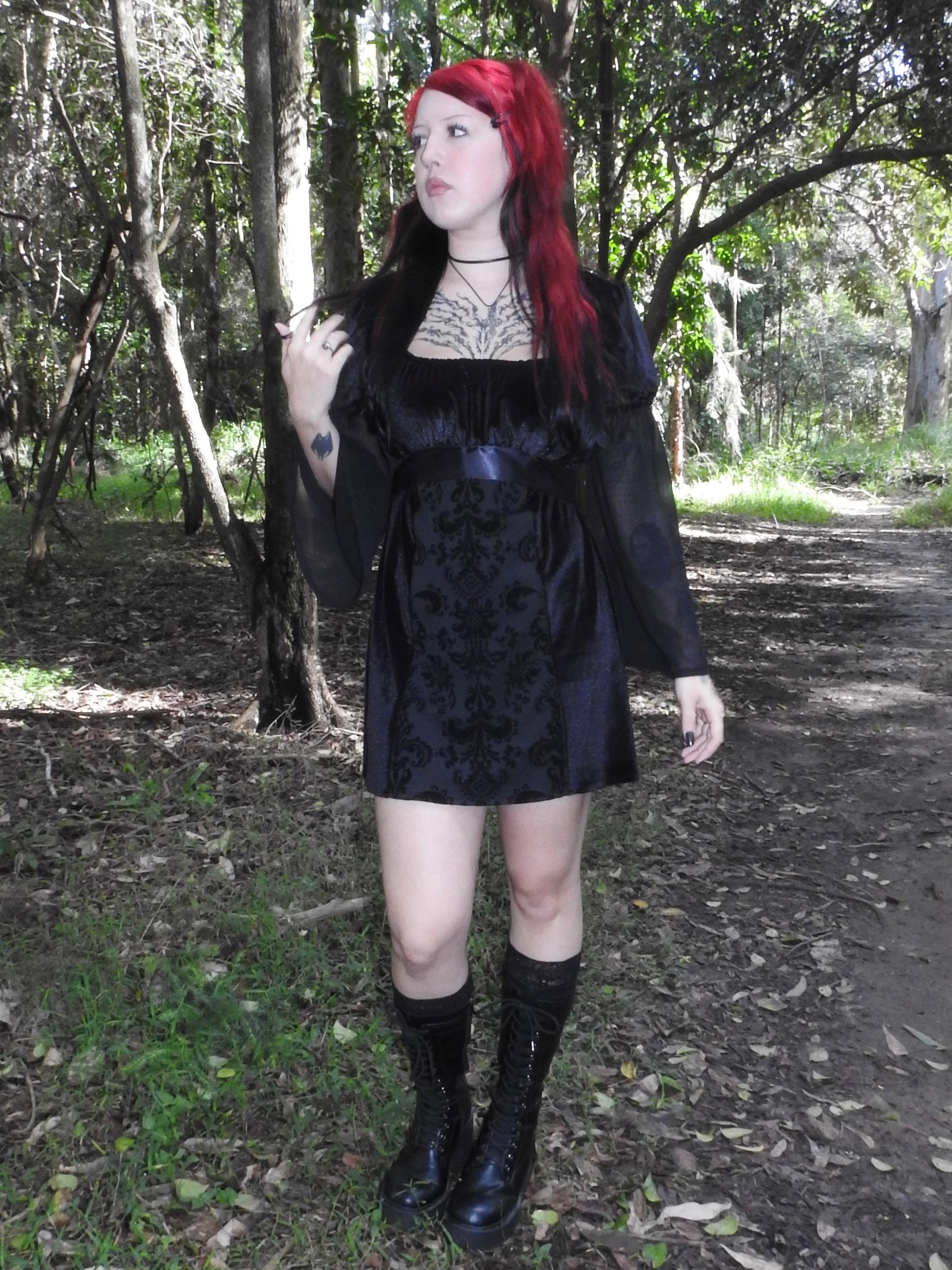Adeline Dress - Black Velour with Baroque Print Panel (size 16)