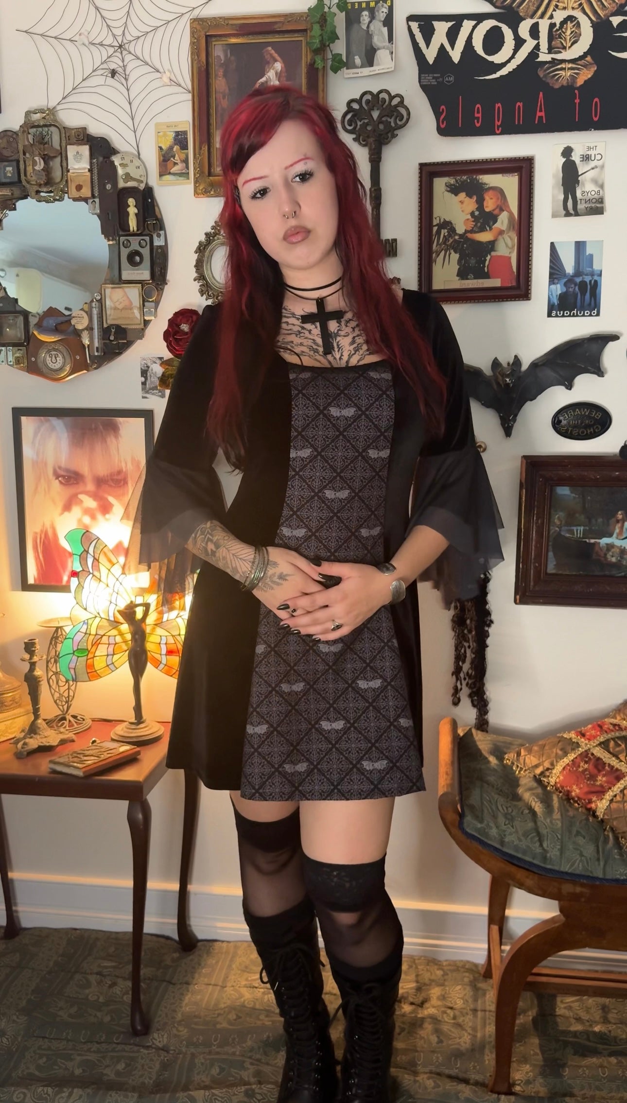 Cordelia Dress - Black Velour with Bats (Size 12-14)