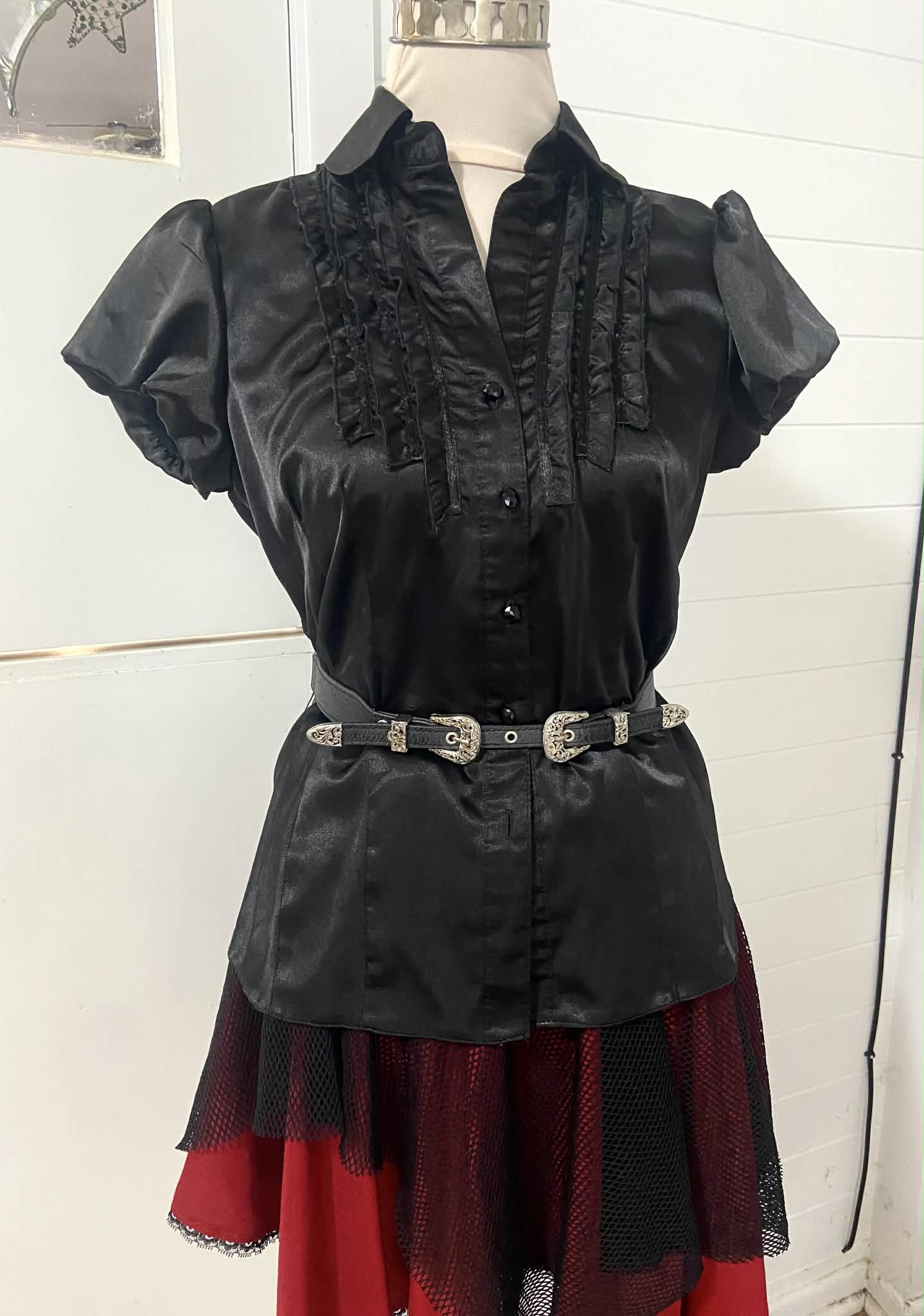 Vintage Satin Blouse with Frill Trim (Size 12)